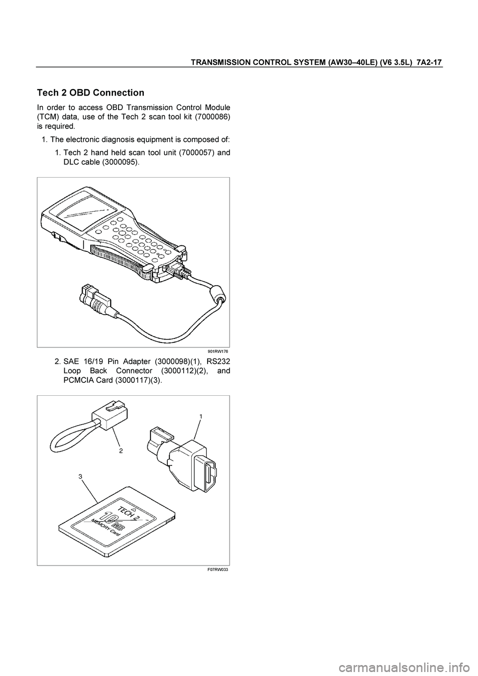 ISUZU TF SERIES 2004  Workshop Manual TRANSMISSION CONTROL SYSTEM (AW30 –40LE) (V6 3.5L)  7A2-17 
 
Tech 2 OBD Connection 
In order to access OBD Transmission Control Module 
(TCM) data, use of the Tech 2 scan tool kit (7000086) 
is req