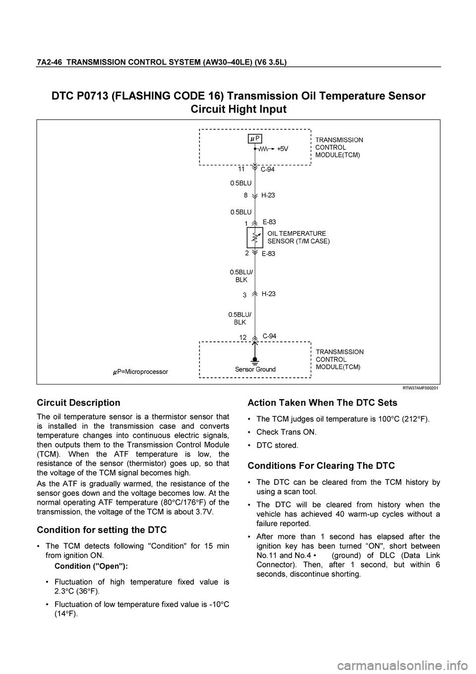 ISUZU TF SERIES 2004 Workshop Manual 7A2-46 TRANSMISSION CONTROL SYSTEM (AW30–40LE) (V6 3.5L)
DTC P0713 (FLASHING CODE 16) Transmission Oil Temperature Sensor
Circuit Hight Input
RTW37AMF000201
Circuit Description
The oil t ISUZU TF SERIES 2004 Workshop Manual 7A2-46 TRANSMISSION CONTROL SYSTEM (AW30–40LE) (V6 3.5L)
DTC P0713 (FLASHING CODE 16) Transmission Oil Temperature Sensor
Circuit Hight Input
RTW37AMF000201
Circuit Description
The oil t