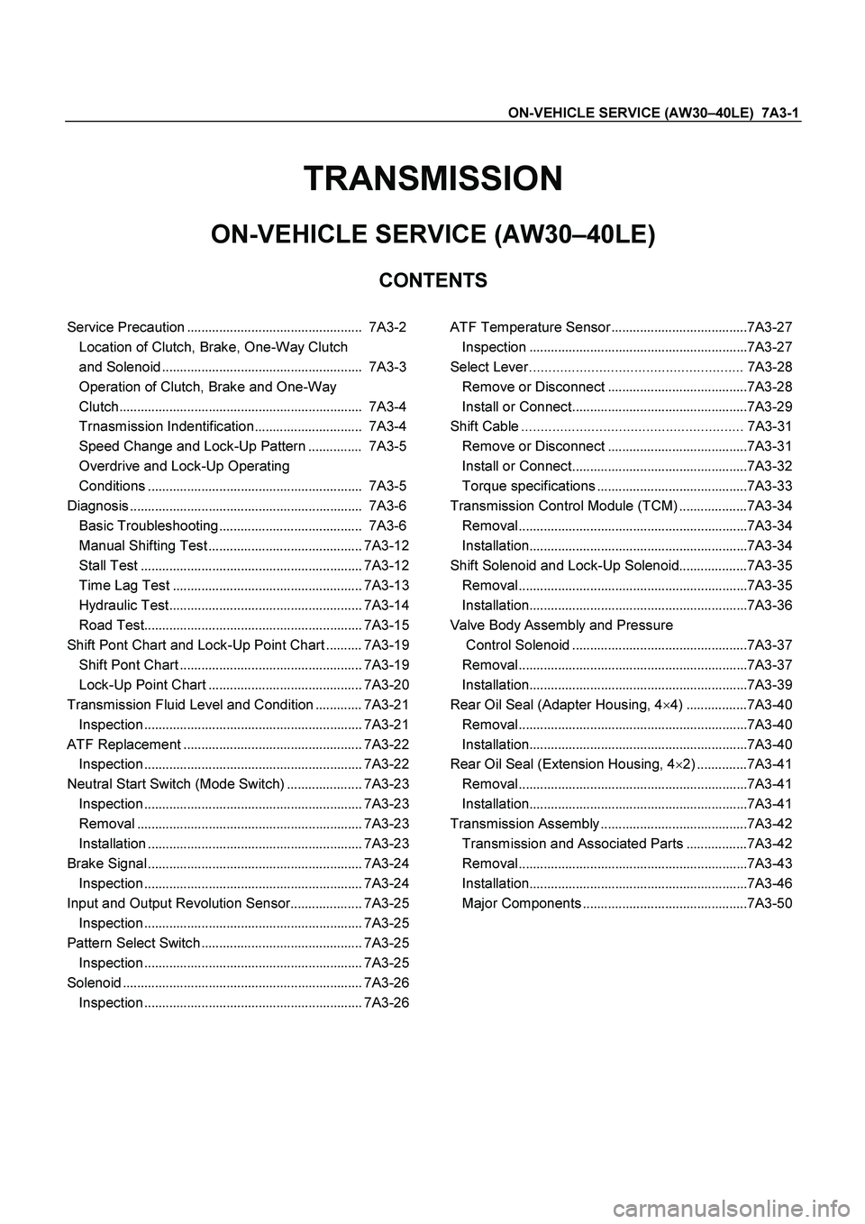 ISUZU TF SERIES 2004 Workshop Manual ON-VEHICLE SERVICE (AW30–40LE) 7A3-1
TRANSMISSION
ON-VEHICLE SERVICE (AW30–40LE)
CONTENTS
Service Precaution .................................................
7A3-2
Location of Cl ISUZU TF SERIES 2004 Workshop Manual ON-VEHICLE SERVICE (AW30–40LE) 7A3-1
TRANSMISSION
ON-VEHICLE SERVICE (AW30–40LE)
CONTENTS
Service Precaution .................................................
7A3-2
Location of Cl