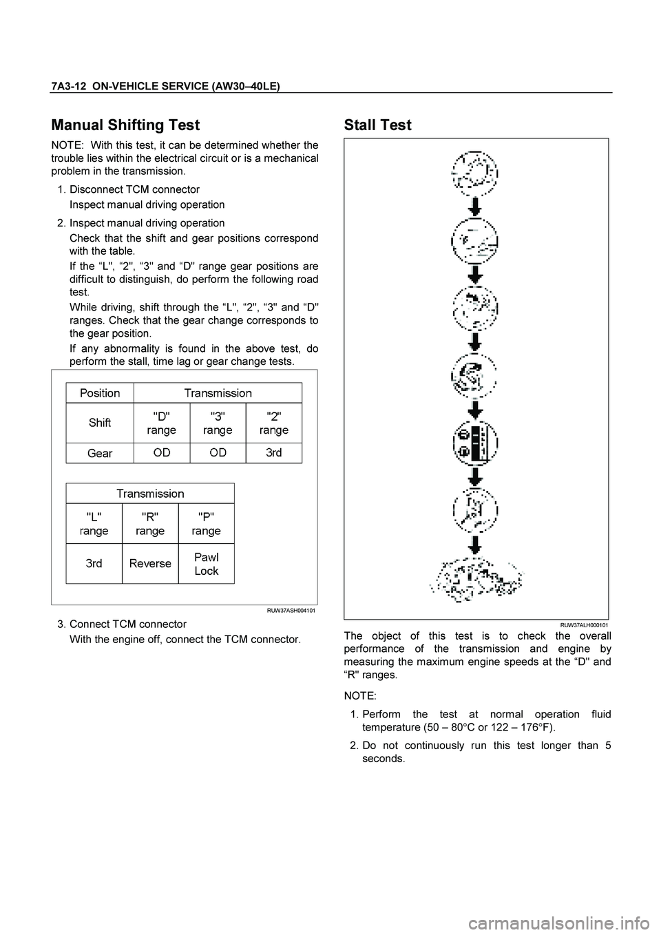 ISUZU TF SERIES 2004  Workshop Manual 7A3-12  ON-VEHICLE SERVICE (AW30 –40LE) 
 
Manual Shifting Test 
NOTE:  With this test, it can be determined whether the 
trouble lies within the electrical circuit or is a mechanical
problem in the