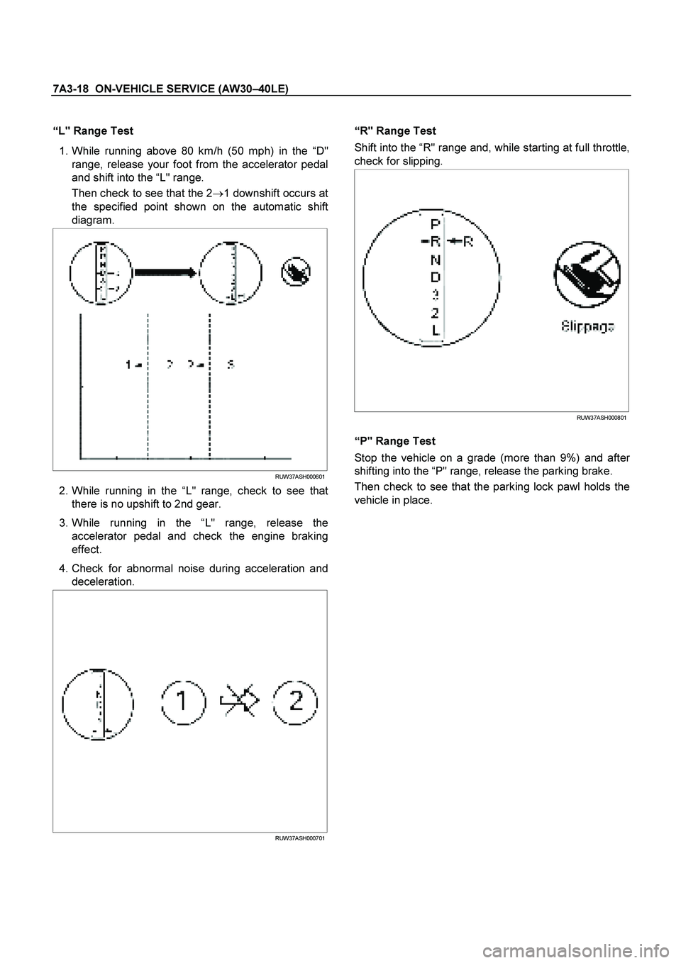 ISUZU TF SERIES 2004  Workshop Manual 7A3-18  ON-VEHICLE SERVICE (AW30 –40LE) 
 
“ L" Range Test  
   1. While running above 80 km/h (50 mph) in the   “D" 
range, release your foot from the accelerator pedal 
and shift into the   