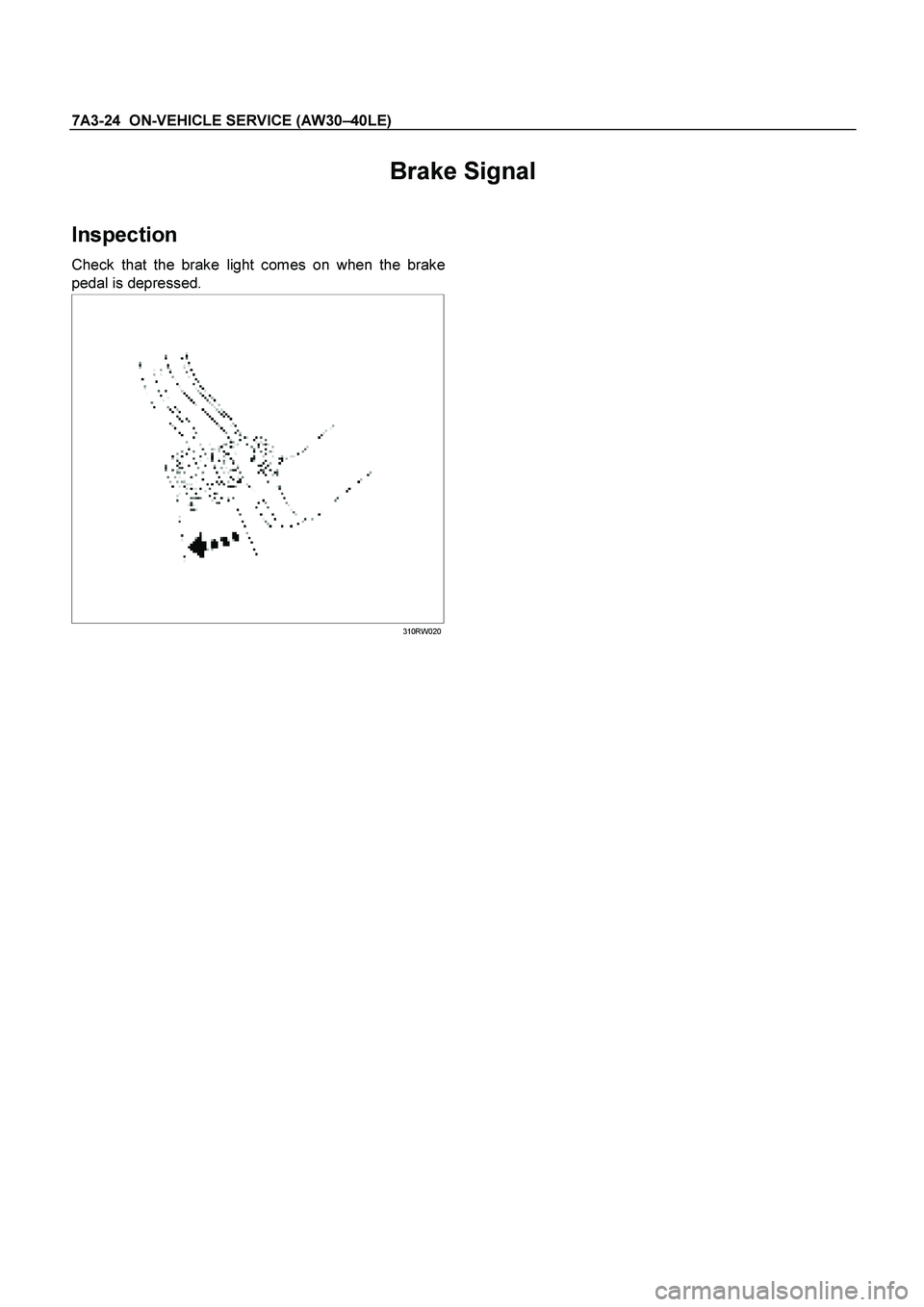 ISUZU TF SERIES 2004  Workshop Manual 7A3-24  ON-VEHICLE SERVICE (AW30 –40LE) 
 
Brake Signal   
Inspection 
Check that the brake light comes on when the brake 
pedal is depressed. 
   
  
 
 
310RW020
  
      
  