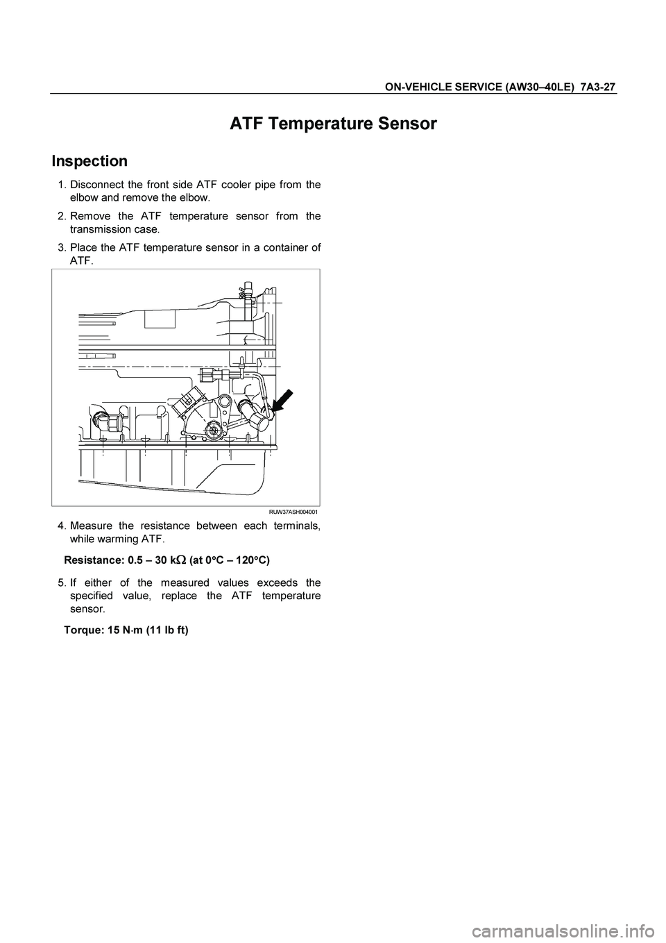 ISUZU TF SERIES 2004  Workshop Manual ON-VEHICLE SERVICE (AW30 –40LE)  7A3-27 
 
ATF Temperature Sensor   
Inspection 
  
1. Disconnect the front side ATF cooler pipe from the 
elbow and remove the elbow.  
 2. Remove the ATF temperatur