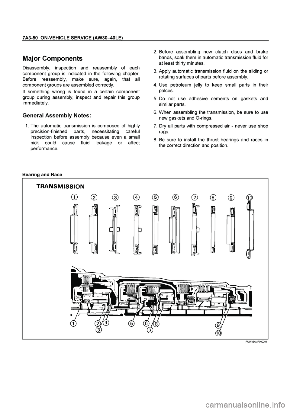 ISUZU TF SERIES 2004  Workshop Manual 7A3-50  ON-VEHICLE SERVICE (AW30 –40LE) 
 
Major Components 
Disassembly, inspection and reassembly of each 
component group is indicated in the following chapter.
Before reassembly, make sure, agai