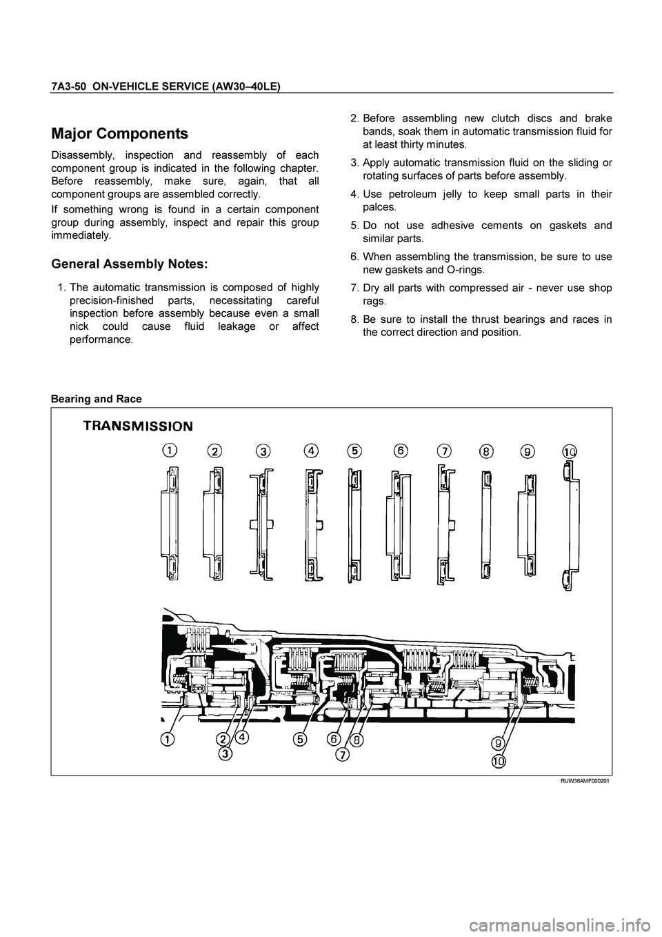 ISUZU TF SERIES 2004 Workshop Manual 7A3-50 ON-VEHICLE SERVICE (AW30 –40LE)
Major Components
Disassembly, inspection and reassembly of each
component group is indicated in the following chapter.
Before reassembly, make sure, agai ISUZU TF SERIES 2004 Workshop Manual 7A3-50 ON-VEHICLE SERVICE (AW30 –40LE)
Major Components
Disassembly, inspection and reassembly of each
component group is indicated in the following chapter.
Before reassembly, make sure, agai