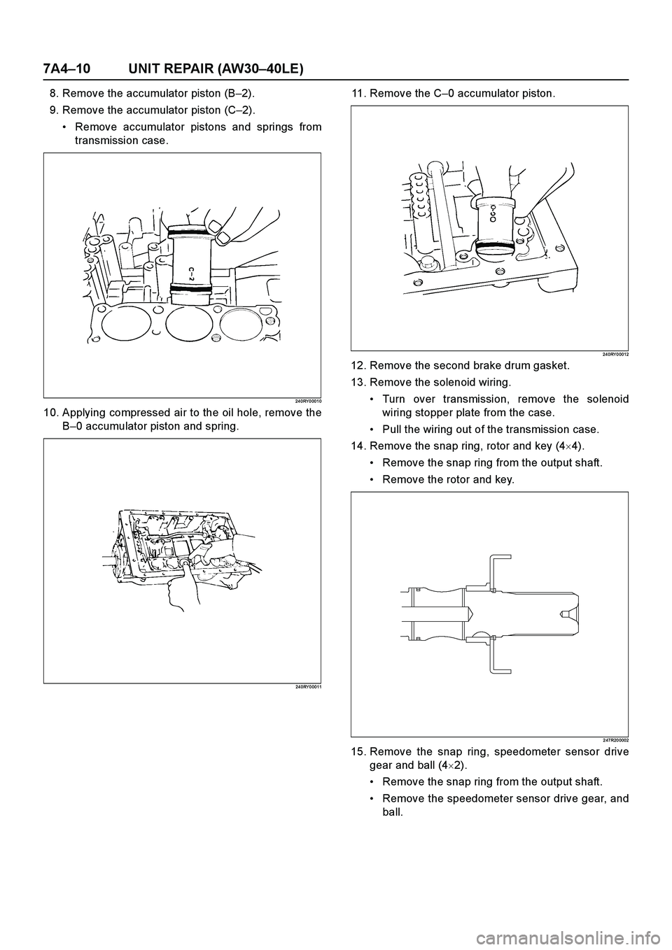 ISUZU TF SERIES 2004  Workshop Manual 7A4–10 UNIT REPAIR (AW30–40LE)
8. Remove the accumulator piston (B–2).
9. Remove the accumulator piston (C–2).
Remove accumulator pistons and springs from
transmission case.
24 0RY 0 001 0
10
