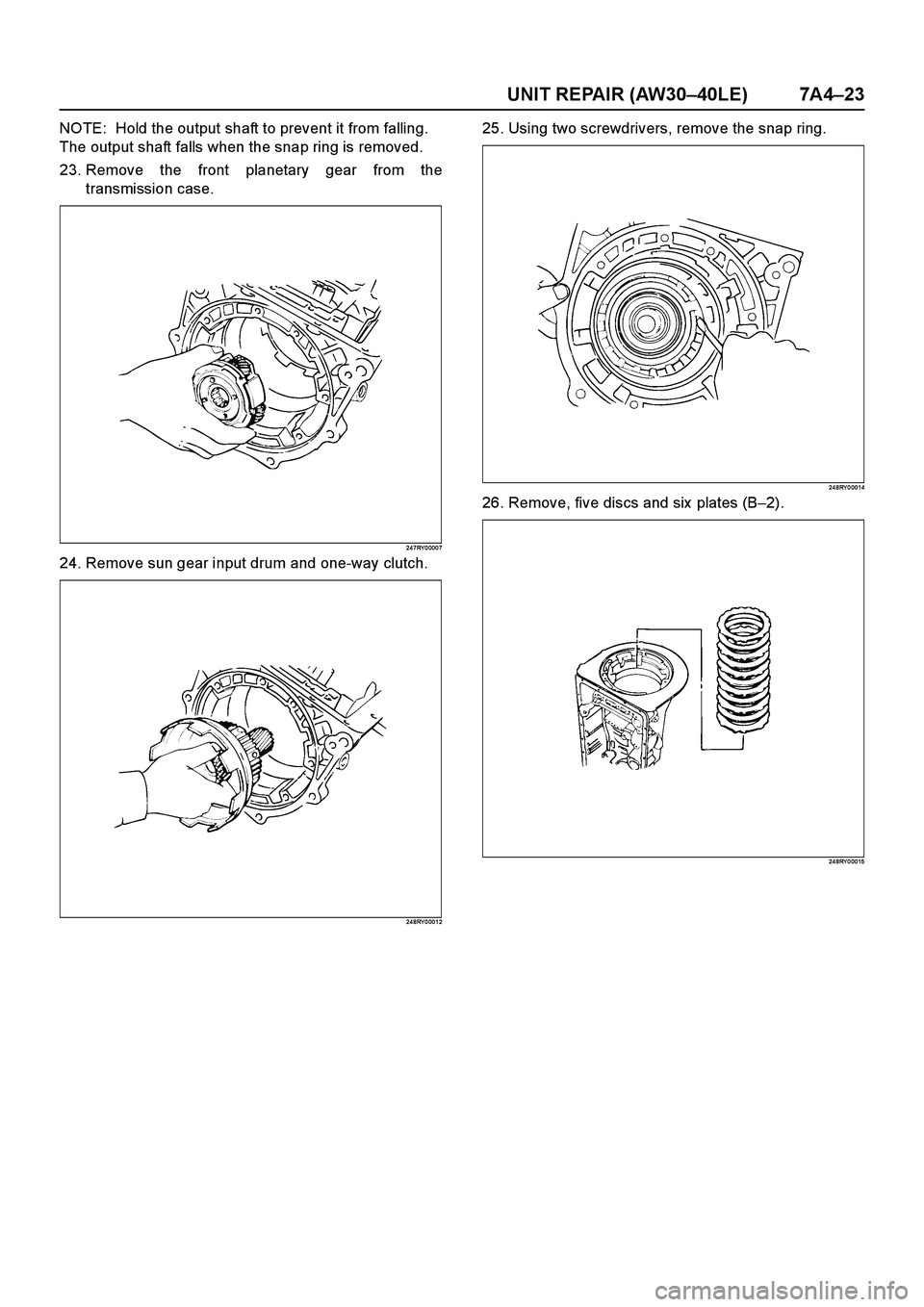 ISUZU TF SERIES 2004  Workshop Manual UNIT REPAIR (AW30–40LE) 7A4–23
NOTE:  Hold the output shaft to prevent it from falling.
The output shaft falls when the snap ring is removed.
23. Remove the front planetary gear from the
transmiss