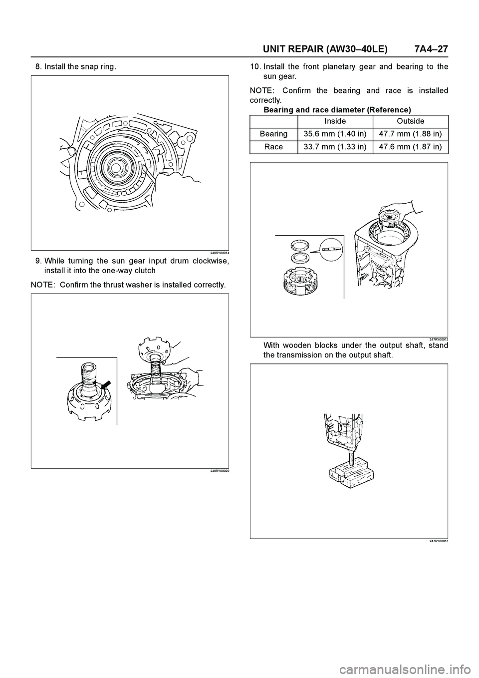 ISUZU TF SERIES 2004  Workshop Manual UNIT REPAIR (AW30–40LE) 7A4–27
8. Install the snap ring.
24 8RY 0 001 4
9. While turning the sun gear input drum clockwise,
install it into the one-way clutch
NOTE:  Confirm the thrust washer is i