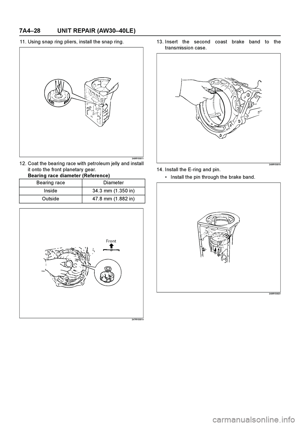 ISUZU TF SERIES 2004  Workshop Manual 7A4–28 UNIT REPAIR (AW30–40LE)
11. Using snap ring pliers, install the snap ring.
24 8RY 0 0011
12. Coat the bearing race with petroleum jelly and install
it onto the front planetary gear.
Bearing