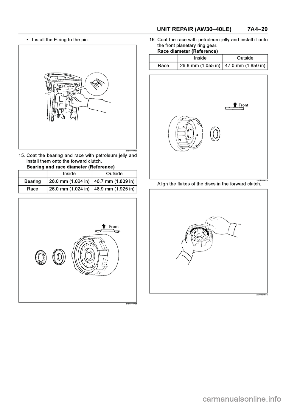 ISUZU TF SERIES 2004  Workshop Manual UNIT REPAIR (AW30–40LE) 7A4–29
Install the E-ring to the pin.
24 8RY 0 002 2
15. Coat the bearing and race with petroleum jelly and
install them onto the forward clutch.
Bearing and race diameter