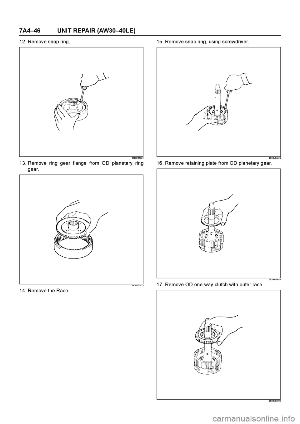 ISUZU TF SERIES 2004  Workshop Manual 7A4–46 UNIT REPAIR (AW30–40LE)
12. Remove snap ring.
25 2RY 0 002 2
13. Remove ring gear flange from OD planetary ring
gear.
25 2RY 0 002 3
14. Remove the Race.15. Remove snap ring, using screwdri