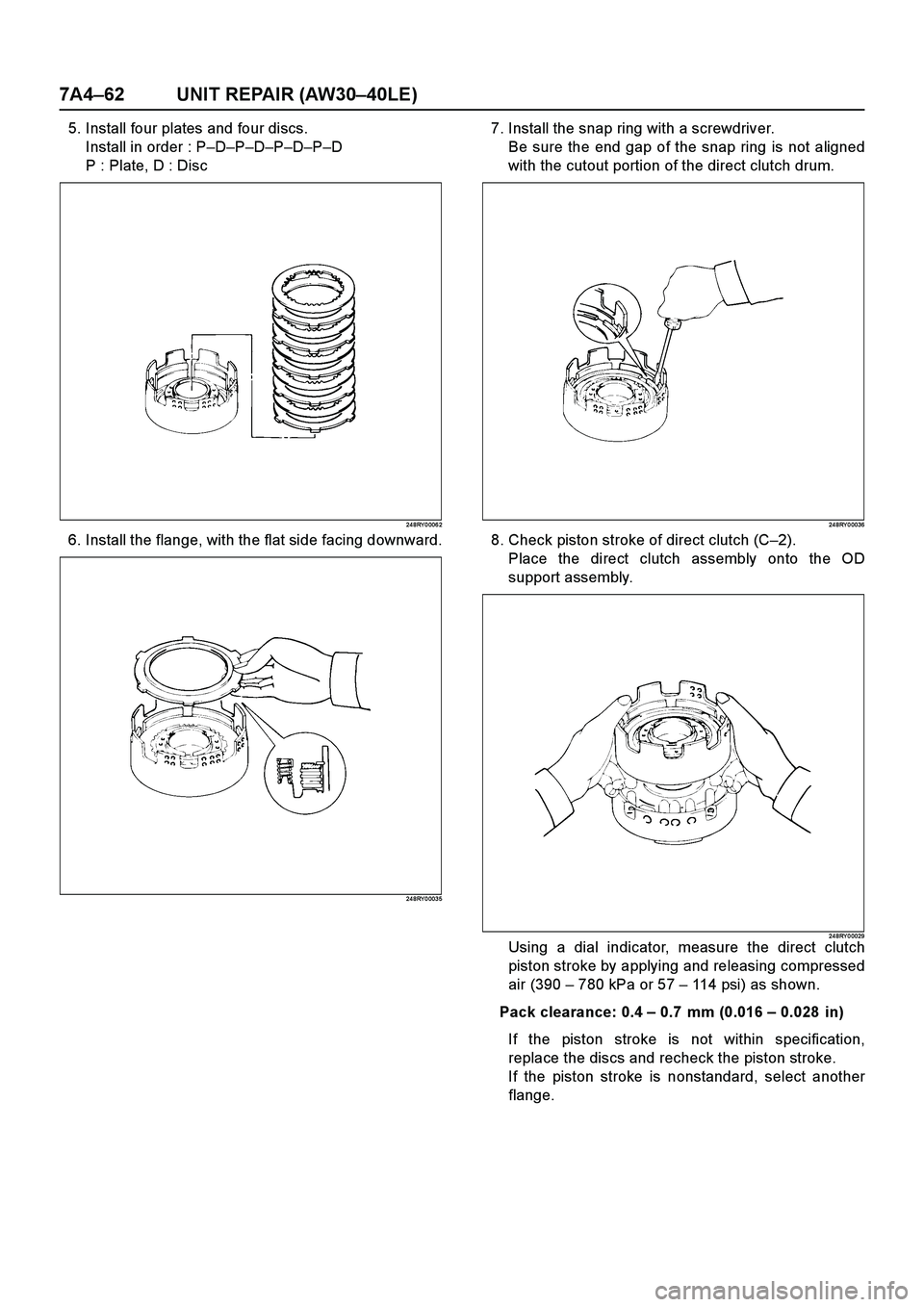 ISUZU TF SERIES 2004  Workshop Manual 7A4–62 UNIT REPAIR (AW30–40LE)
5. Install four plates and four discs.
Install in order : P–D–P–D–P–D–P–D
P : Plate, D : Disc
24 8RY 0 006 2
6. Install the flange, with the flat side 