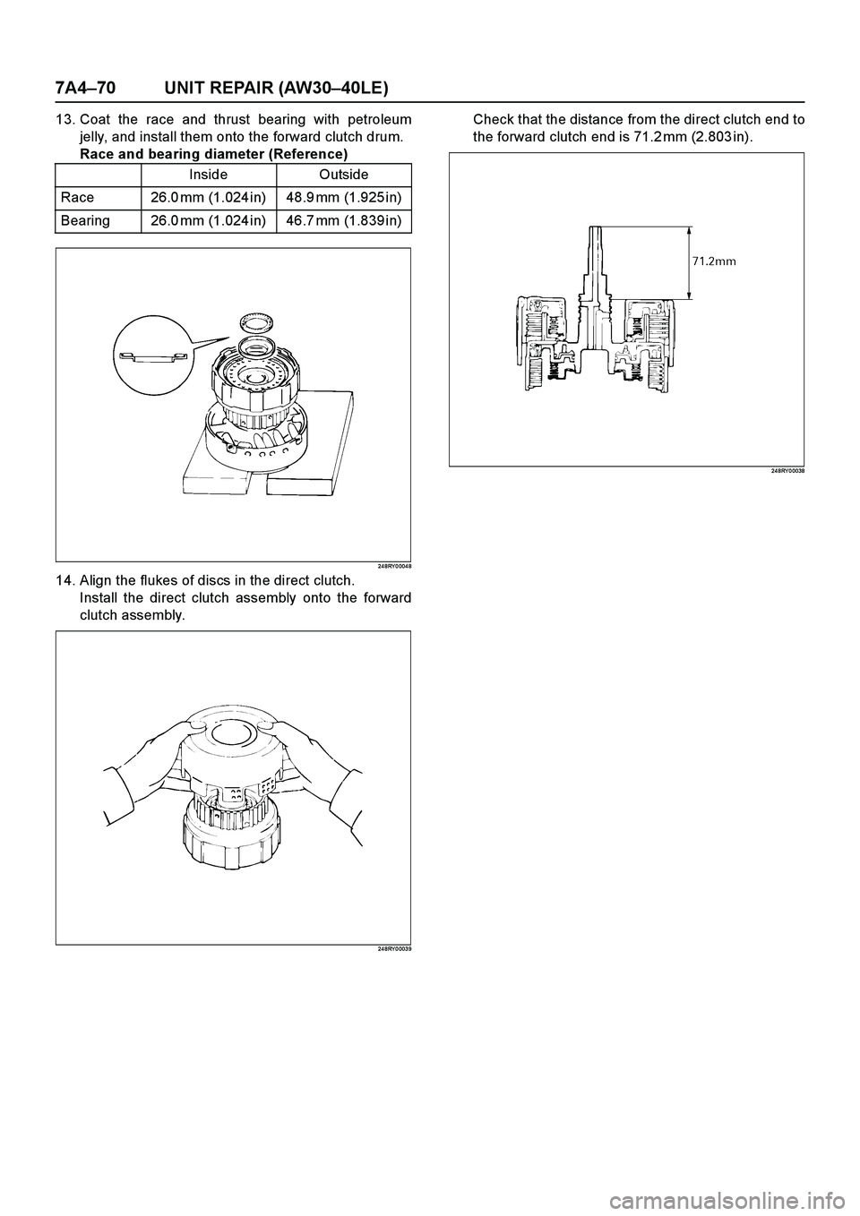 ISUZU TF SERIES 2004  Workshop Manual 7A4–70 UNIT REPAIR (AW30–40LE)
13. Coat the race and thrust bearing with petroleum
jelly, and install them onto the forward clutch drum.
Race and bearing diameter (Reference)
24 8RY 0 004 8
14. Al