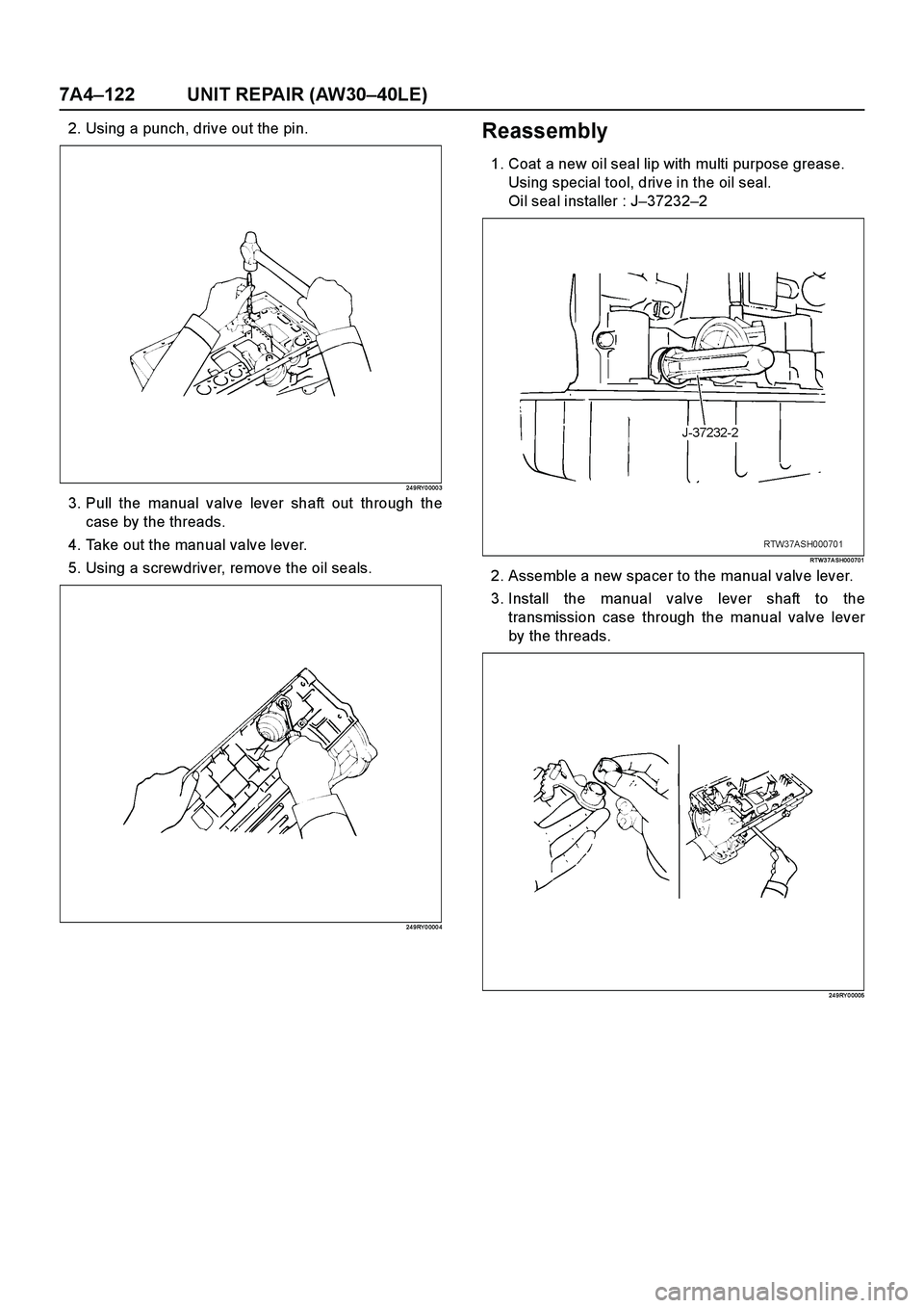 ISUZU TF SERIES 2004  Workshop Manual 7A4–122 UNIT REPAIR (AW30–40LE)
2. Using a punch, drive out the pin.
24 9RY 0 000 3
3. Pull the manual valve lever shaft out through the
case by the threads.
4. Take out the manual valve lever.
5.