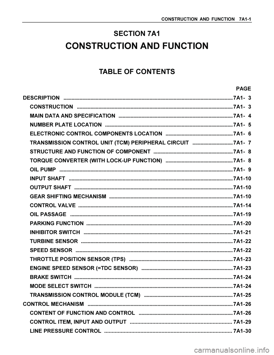 ISUZU TF SERIES 2004 Workshop Manual CONSTRUCTION AND FUNCTION 7A1-1
SECTION 7A1
CONSTRUCTION AND FUNCTION
TABLE OF CONTENTS
PAGE
DESCRIPTION ...................................................................................... ISUZU TF SERIES 2004 Workshop Manual CONSTRUCTION AND FUNCTION 7A1-1
SECTION 7A1
CONSTRUCTION AND FUNCTION
TABLE OF CONTENTS
PAGE
DESCRIPTION ......................................................................................