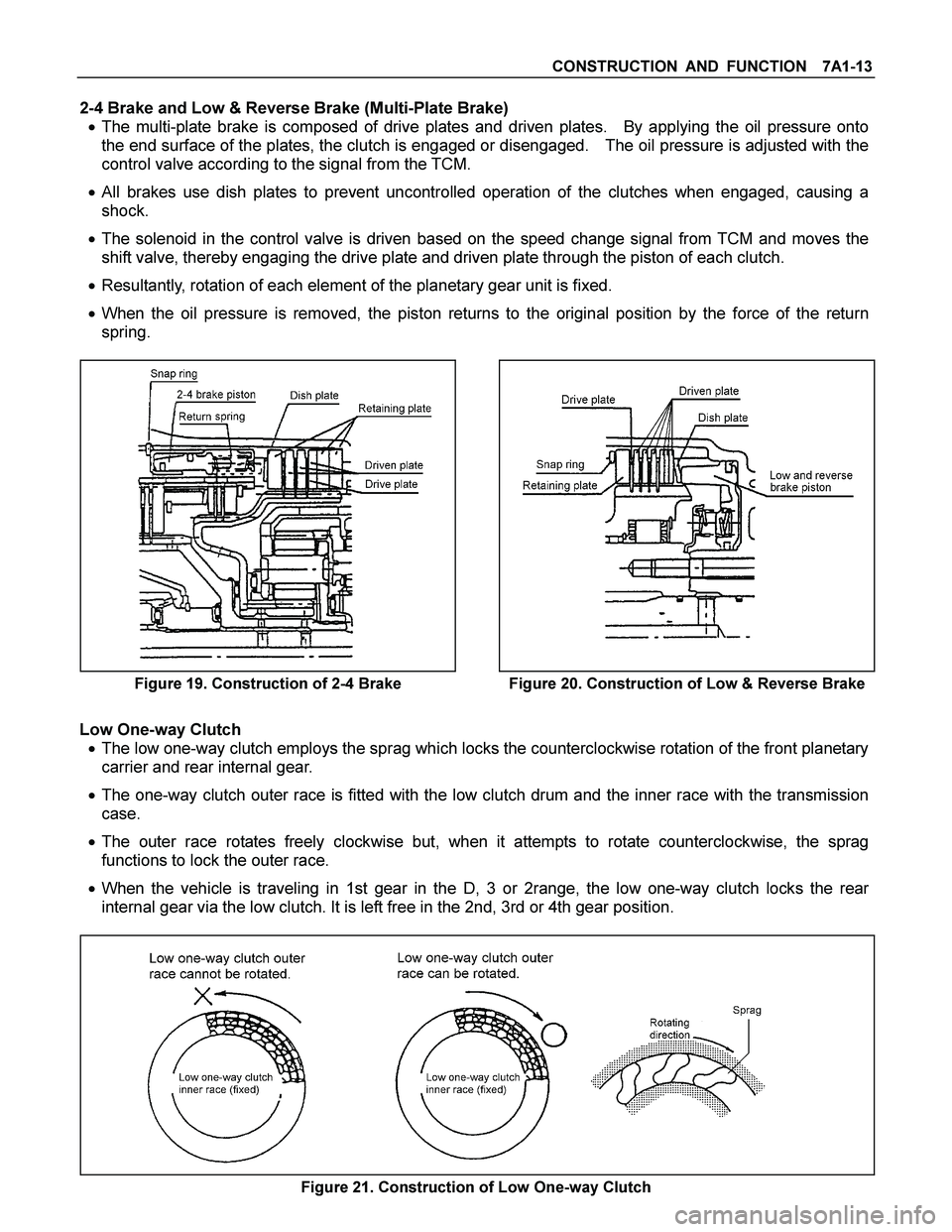 ISUZU TF SERIES 2004  Workshop Manual CONSTRUCTION AND FUNCTION  7A1-13 
 
2-4 Brake and Low & Reverse Brake (Multi-Plate Brake) 
 The multi-plate brake is composed of drive plates and driven plates.    By applying the oil pressure onto 