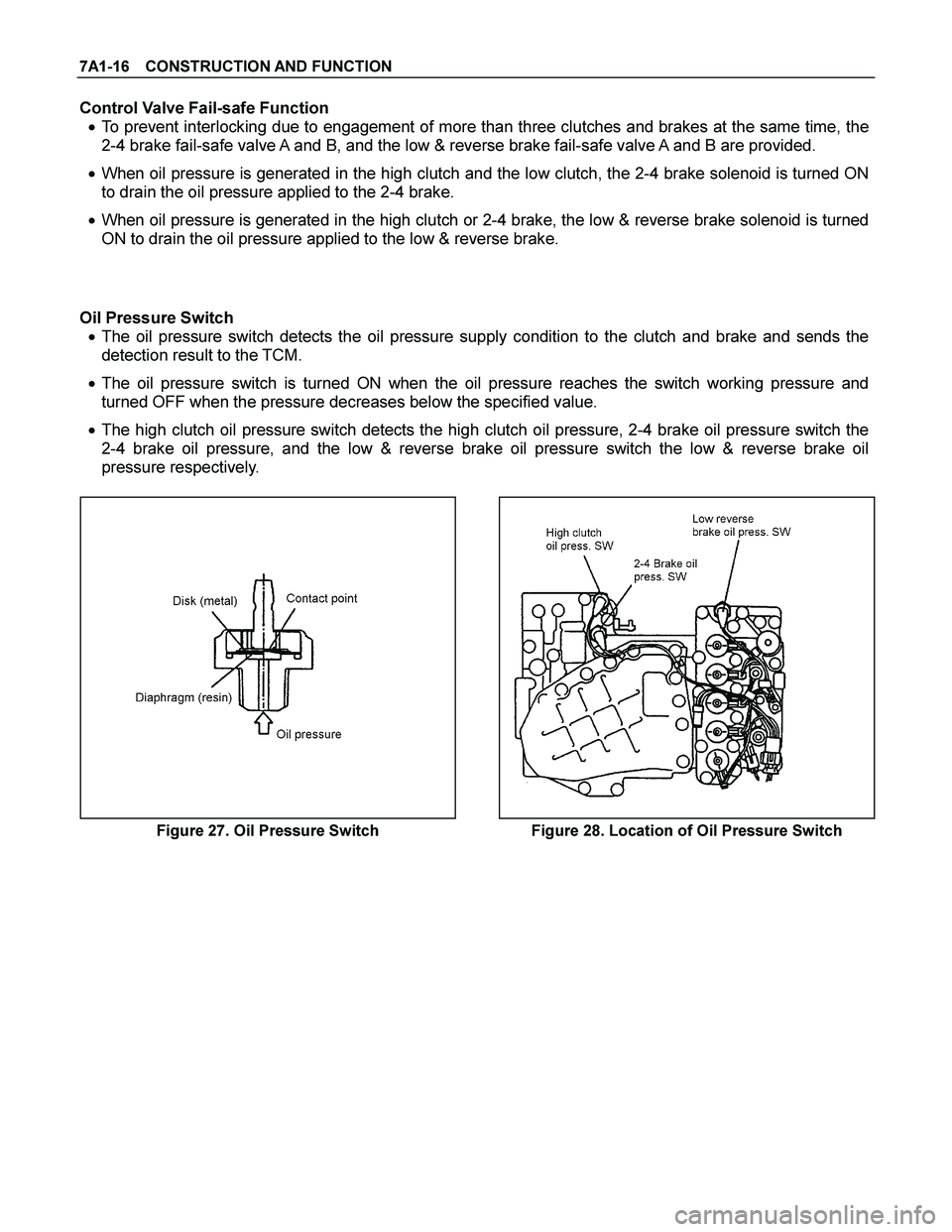 ISUZU TF SERIES 2004 Workshop Manual 7A1-16 CONSTRUCTION AND FUNCTION
Control Valve Fail-safe Function
To prevent interlocking due to engagement of more than three clutches and brakes at the same time, the
2-4 brake fail-safe valve ISUZU TF SERIES 2004 Workshop Manual 7A1-16 CONSTRUCTION AND FUNCTION
Control Valve Fail-safe Function
To prevent interlocking due to engagement of more than three clutches and brakes at the same time, the
2-4 brake fail-safe valve