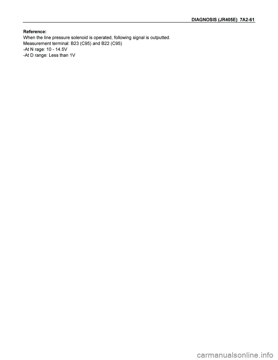 ISUZU TF SERIES 2004  Workshop Manual DIAGNOSIS (JR405E)  7A2-61 
Reference: 
When the line pressure solenoid is operated, following signal is outputted. 
Measurement terminal: B23 (C95) and B22 (C95) 
-At N rage: 10 - 14.5V 
-At D range: