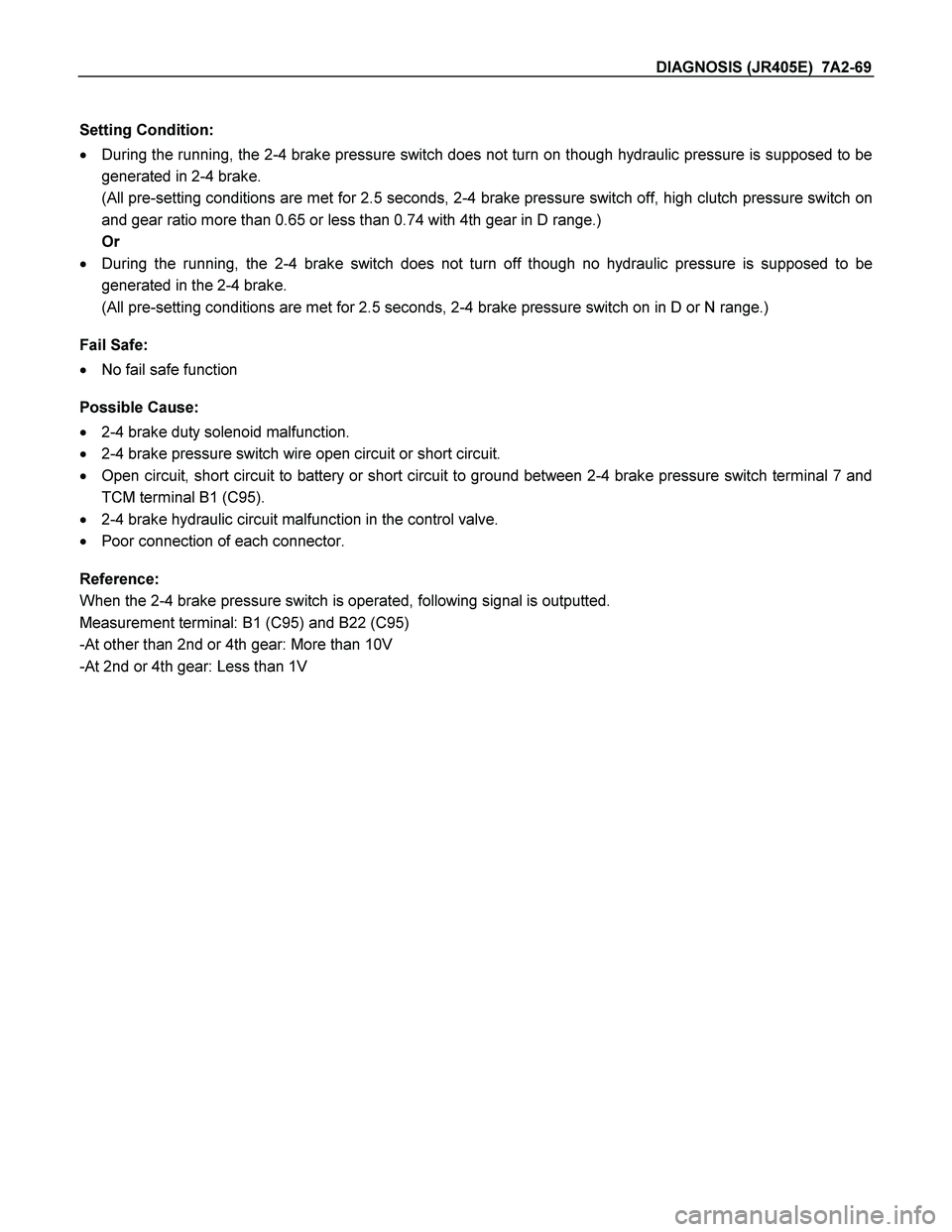 ISUZU TF SERIES 2004 Workshop Manual DIAGNOSIS (JR405E) 7A2-69
Setting Condition:
During the running, the 2-4 brake pressure switch does not turn on though hydraulic pressure is supposed to be
generated in 2-4 brake.
(All pre ISUZU TF SERIES 2004 Workshop Manual DIAGNOSIS (JR405E) 7A2-69
Setting Condition:
During the running, the 2-4 brake pressure switch does not turn on though hydraulic pressure is supposed to be
generated in 2-4 brake.
(All pre
