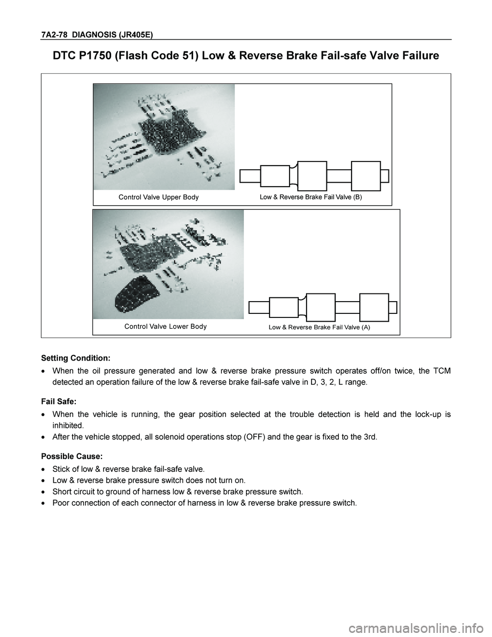 ISUZU TF SERIES 2004  Workshop Manual 7A2-78  DIAGNOSIS (JR405E) 
DTC P1750 (Flash Code 51) Low & Reverse Brake Fail-safe Valve Failure 
 
Low & Reverse Brake Fail Valve (B)Control Valve Upper Body
Low & Reverse Brake Fail Valve (A)Contro