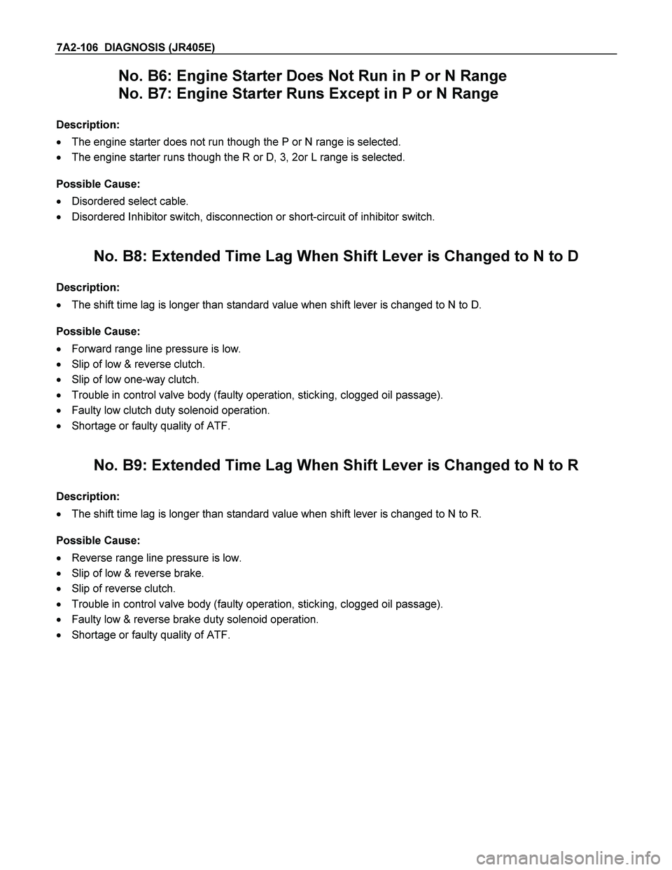 ISUZU TF SERIES 2004 Workshop Manual 7A2-106 DIAGNOSIS (JR405E)
No. B6: Engine Starter Does Not Run in P or N Range
No. B7: Engine Starter Runs Except in P or N Range
Description:
The engine starter does not run though the P or ISUZU TF SERIES 2004 Workshop Manual 7A2-106 DIAGNOSIS (JR405E)
No. B6: Engine Starter Does Not Run in P or N Range
No. B7: Engine Starter Runs Except in P or N Range
Description:
The engine starter does not run though the P or