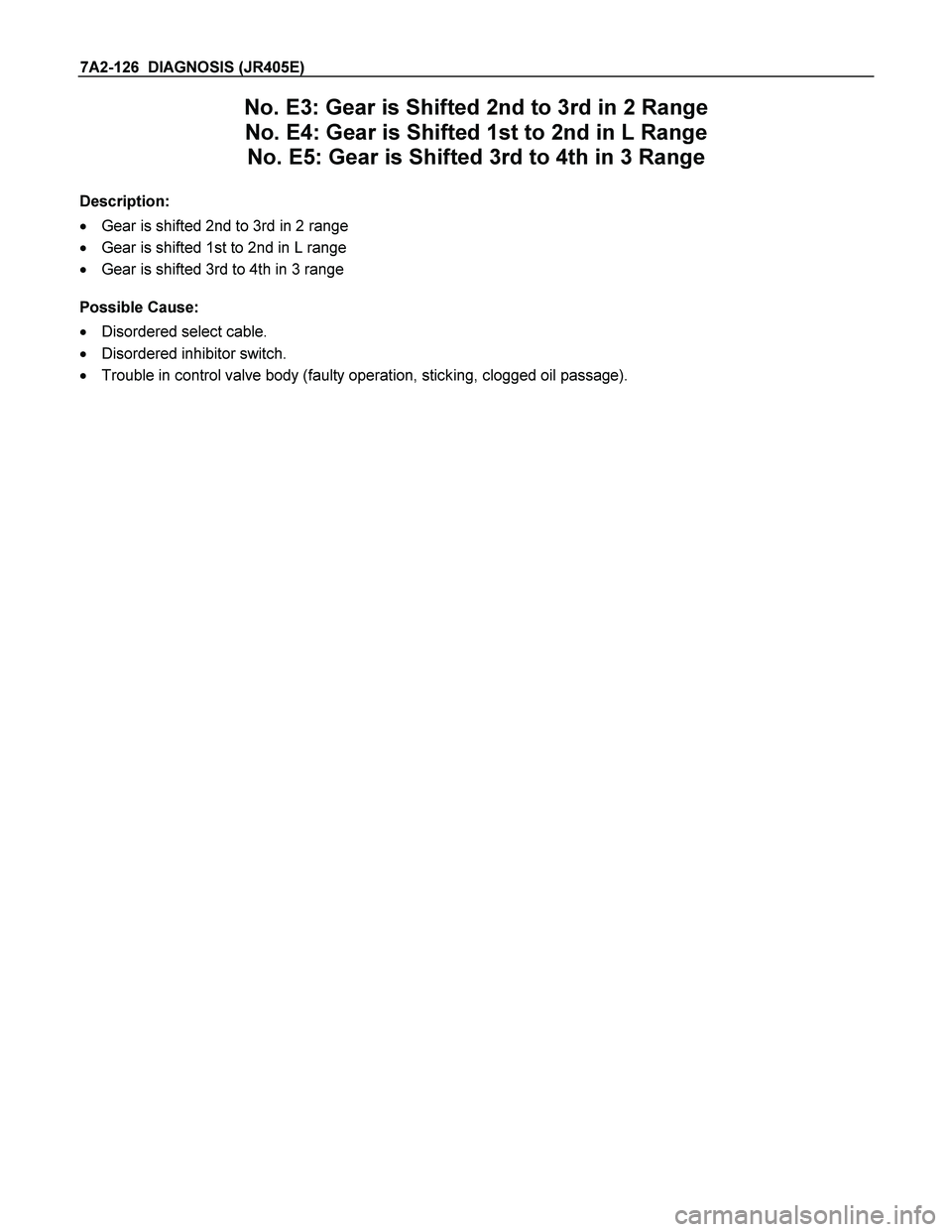 ISUZU TF SERIES 2004  Workshop Manual 7A2-126  DIAGNOSIS (JR405E) 
No. E3: Gear is Shifted 2nd to 3rd in 2 Range 
No. E4: Gear is Shifted 1st to 2nd in L Range 
No. E5: Gear is Shifted 3rd to 4th in 3 Range 
 
Description: 
  Gear is shi