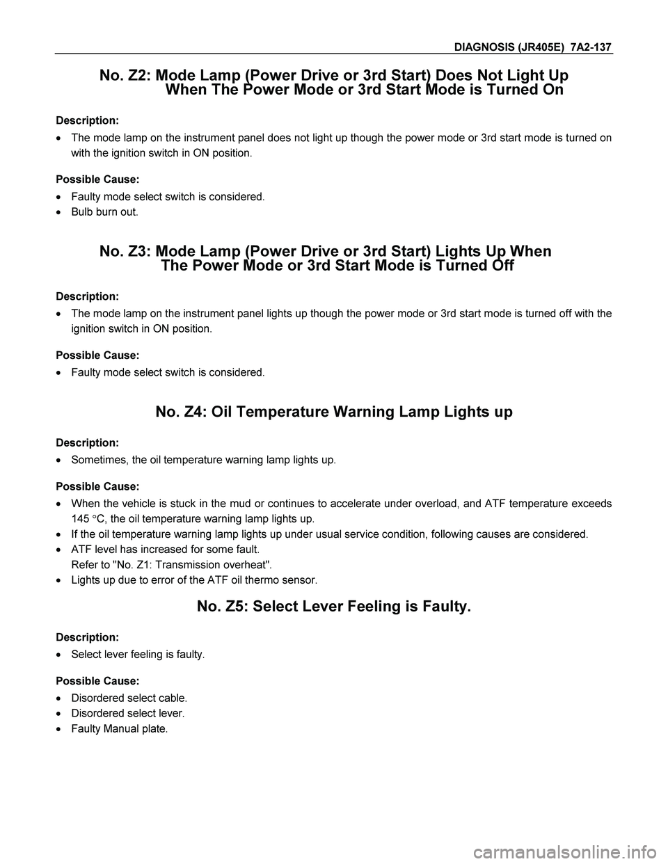ISUZU TF SERIES 2004 Workshop Manual DIAGNOSIS (JR405E) 7A2-137
No. Z2: Mode Lamp (Power Drive or 3rd Start) Does Not Light Up
When The Power Mode or 3rd Start Mode is Turned On
Description:
The mode lamp on the instrument pane ISUZU TF SERIES 2004 Workshop Manual DIAGNOSIS (JR405E) 7A2-137
No. Z2: Mode Lamp (Power Drive or 3rd Start) Does Not Light Up
When The Power Mode or 3rd Start Mode is Turned On
Description:
The mode lamp on the instrument pane