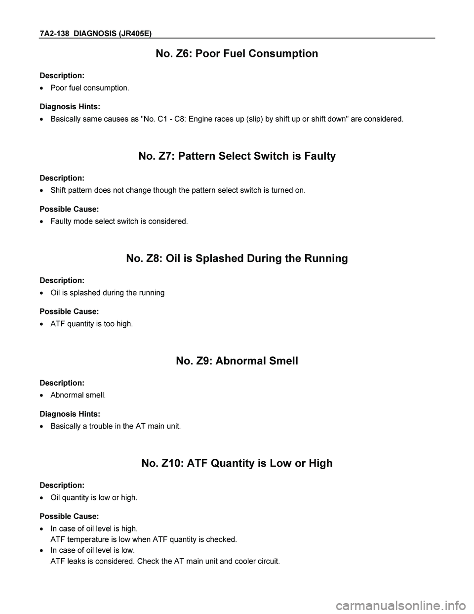 ISUZU TF SERIES 2004  Workshop Manual 7A2-138  DIAGNOSIS (JR405E) 
No. Z6: Poor Fuel Consumption 
 
Description: 
  Poor fuel consumption. 
 
Diagnosis Hints: 
  Basically same causes as "No. C1 - C8: Engine races up (slip) by shift up 