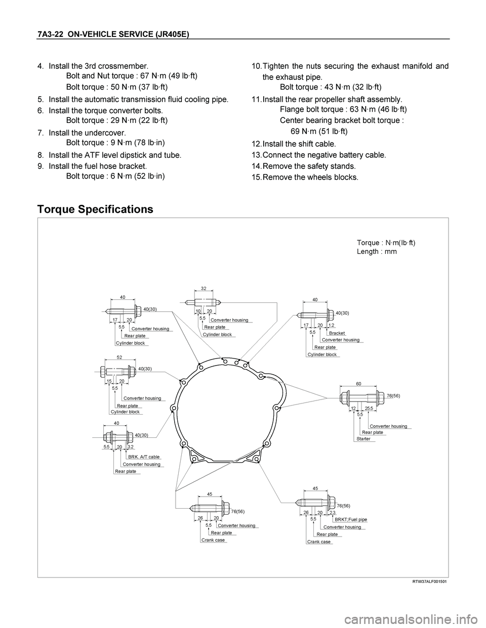 ISUZU TF SERIES 2004  Workshop Manual 7A3-22  ON-VEHICLE SERVICE (JR405E) 
 
4.  Install the 3rd crossmember. 
  Bolt and Nut torque : 67 N·m (49 lb·ft) 
  Bolt torque : 50 N·m (37 lb·ft) 
5.  Install the automatic transmission fluid 