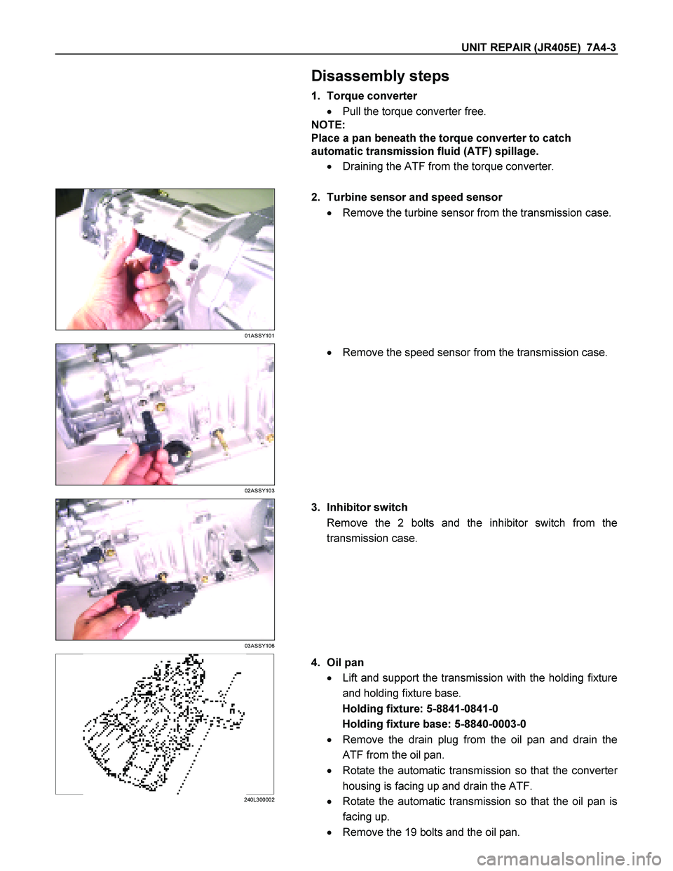 ISUZU TF SERIES 2004  Workshop Manual UNIT REPAIR (JR405E)  7A4-3 
   Disassembly steps 
1. Torque converter  
   Pull the torque converter free.  
NOTE:  
Place a pan beneath the torque converter to catch 
automatic transmission fluid (