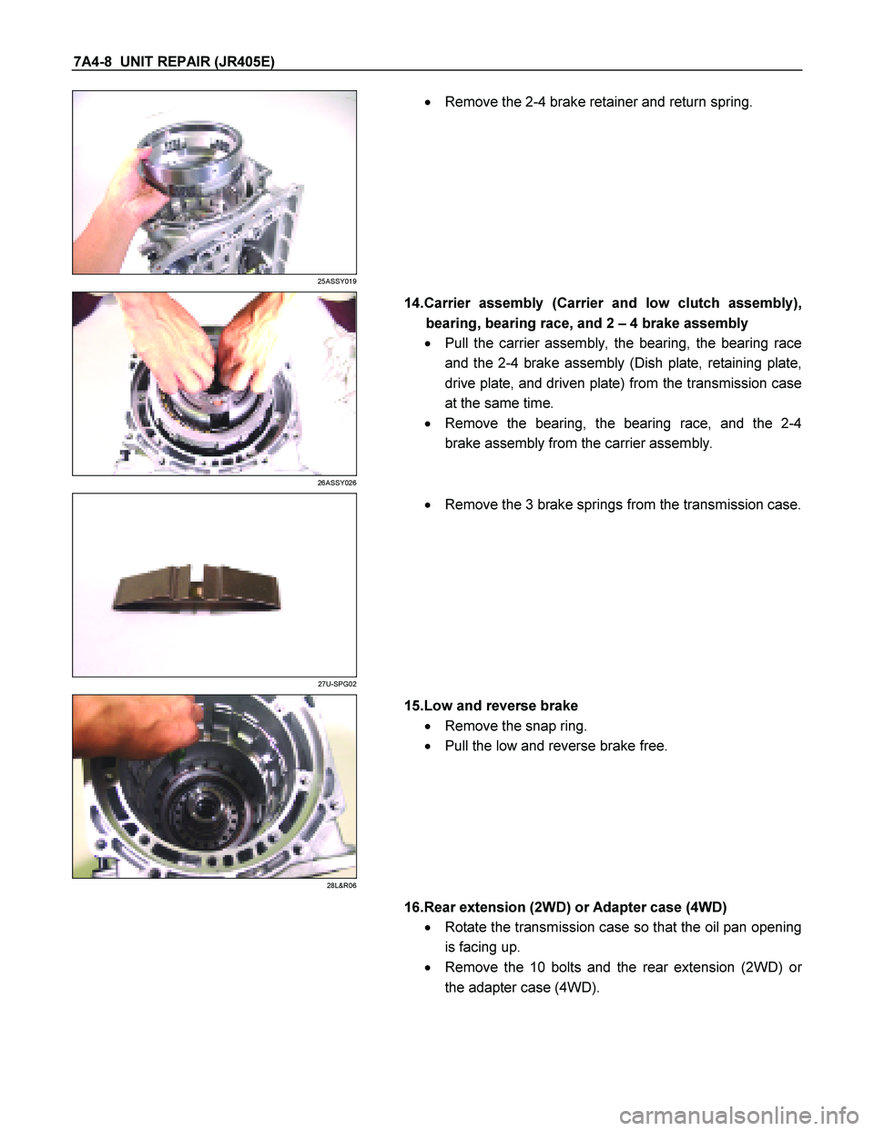 ISUZU TF SERIES 2004  Workshop Manual 7A4-8  UNIT REPAIR (JR405E) 
 
25ASSY019 
  
    
  Remove the 2-4 brake retainer and return spring.  
  
 
 
26ASSY026 
  
   14.Carrier assembly (Carrier and low clutch assembly), 
bearing, bearing