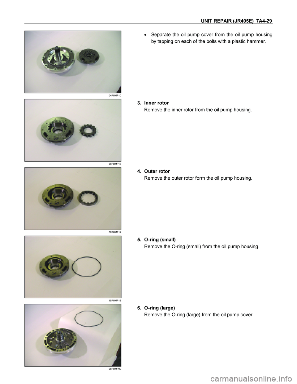 ISUZU TF SERIES 2004  Workshop Manual UNIT REPAIR (JR405E)  7A4-29 
 
04PUMP10 
  
    
  Separate the oil pump cover from the oil pump housing 
by tapping on each of the bolts with a plastic hammer. 
  
 
 
06PUMP13 
  
   3. Inner roto