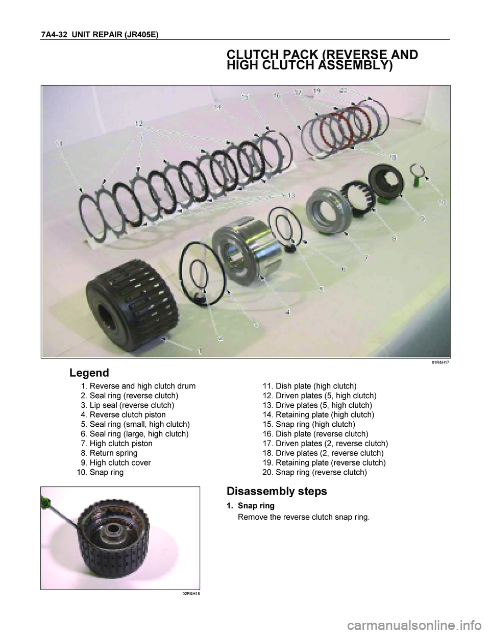 ISUZU TF SERIES 2004  Workshop Manual 7A4-32  UNIT REPAIR (JR405E) 
   CLUTCH PACK (REVERSE AND  
HIGH CLUTCH ASSEMBLY) 
 
 01R&H17 
Legend 
  1. Reverse and high clutch drum  
  2. Seal ring (reverse clutch) 
  3. Lip seal (reverse clutc