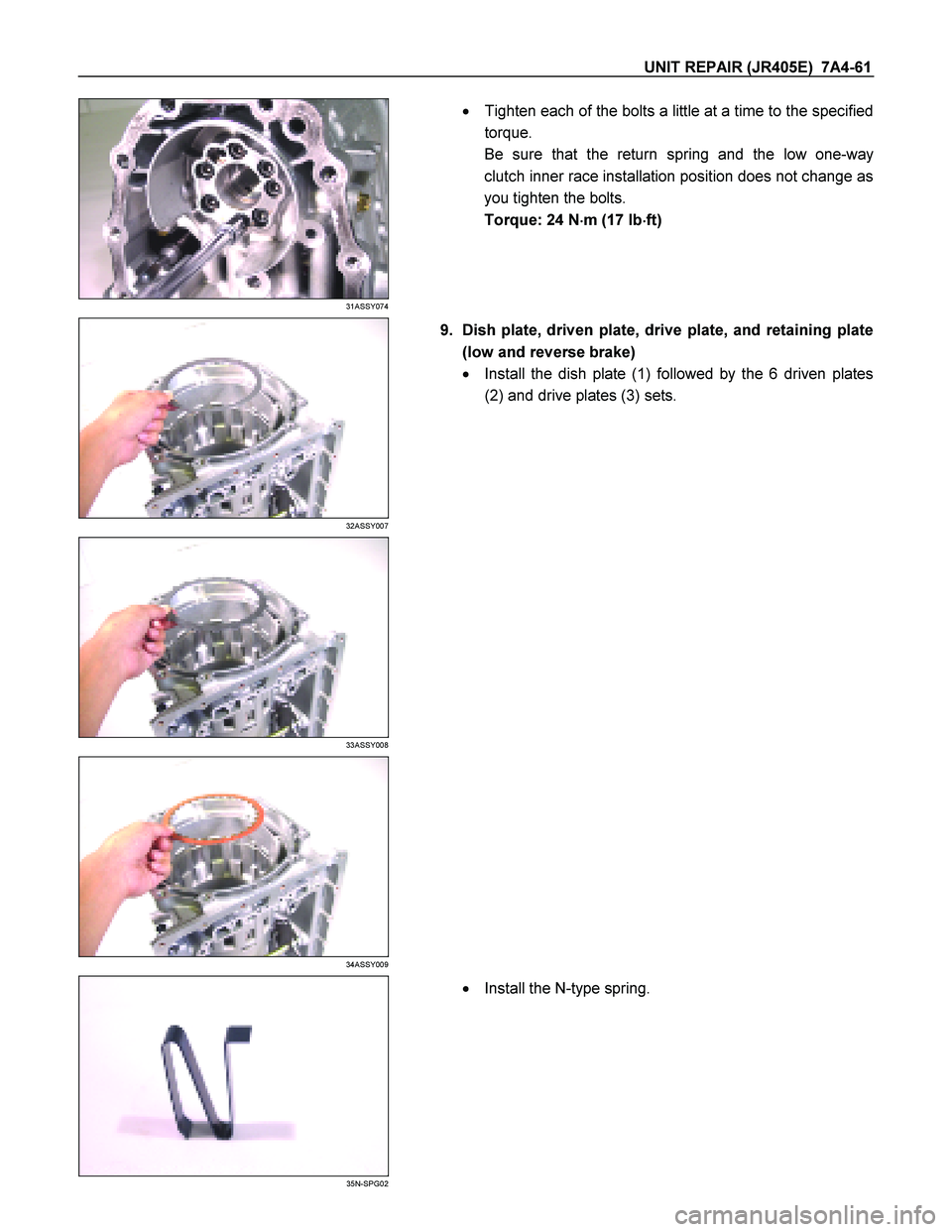 ISUZU TF SERIES 2004  Workshop Manual UNIT REPAIR (JR405E)  7A4-61 
 
31ASSY074 
  
    
  Tighten each of the bolts a little at a time to the specified 
torque. 
Be sure that the return spring and the low one-way 
clutch inner race inst