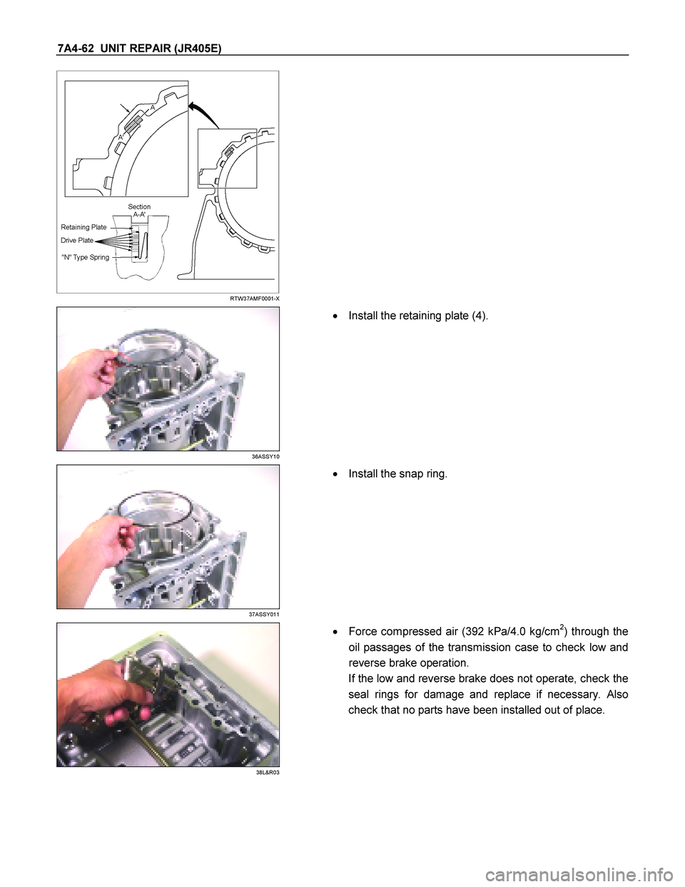 ISUZU TF SERIES 2004  Workshop Manual 7A4-62  UNIT REPAIR (JR405E) 
   
 
 
 
 
RTW37AMF0001-X 
  
    
 
36ASSY10 
  
    
  Install the retaining plate (4).  
 
 
37ASSY011 
  
    
  Install the snap ring.  
 
 
38L&R03 
  
    
  F