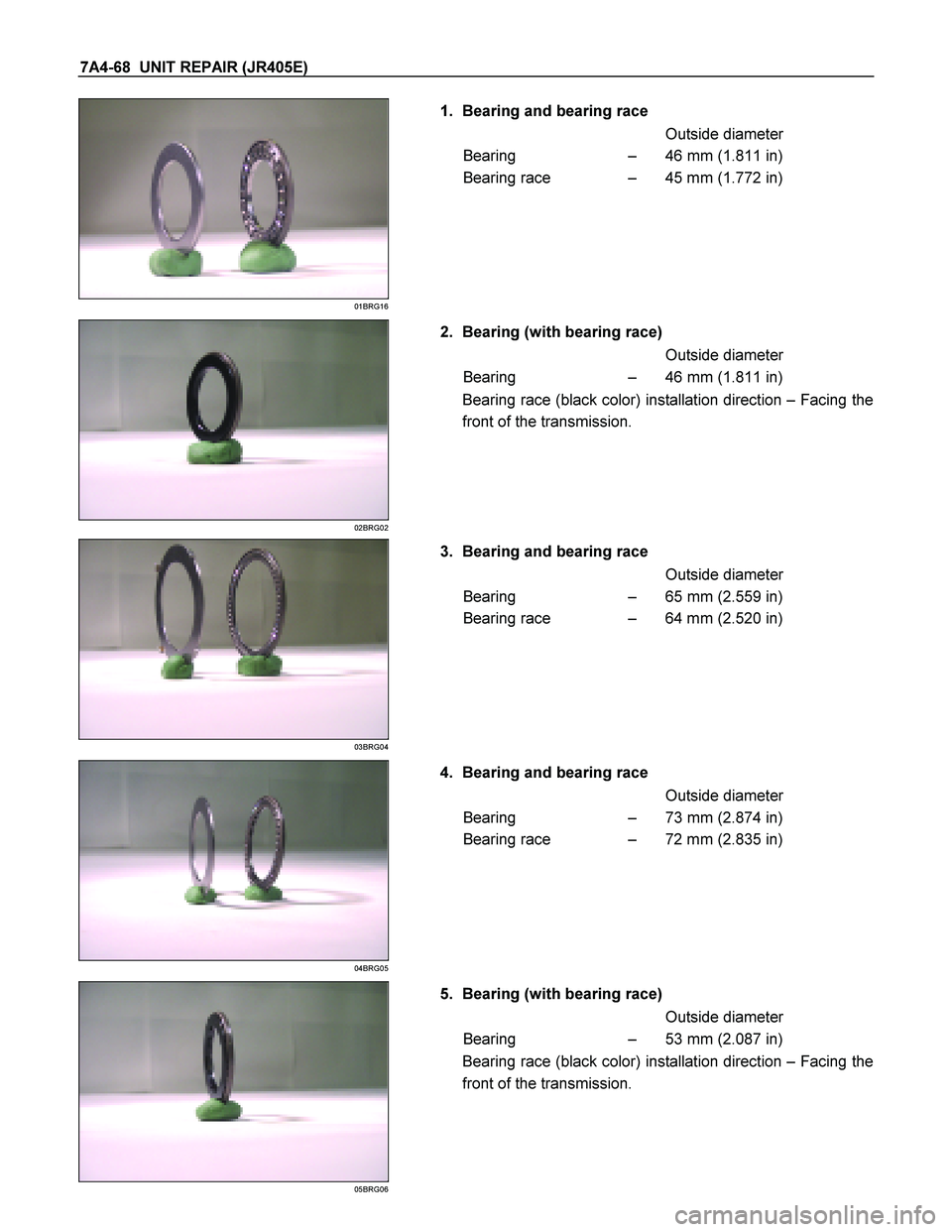 ISUZU TF SERIES 2004  Workshop Manual 7A4-68  UNIT REPAIR (JR405E) 
1.  Bearing and bearing race   
  Outside diameter    Bearing   –  46 mm (1.811 in)   
Bearing race  –  45 mm (1.772 in)    
01BRG16 
  
  
  
 
 
 
 
  
2.  Bearing 
