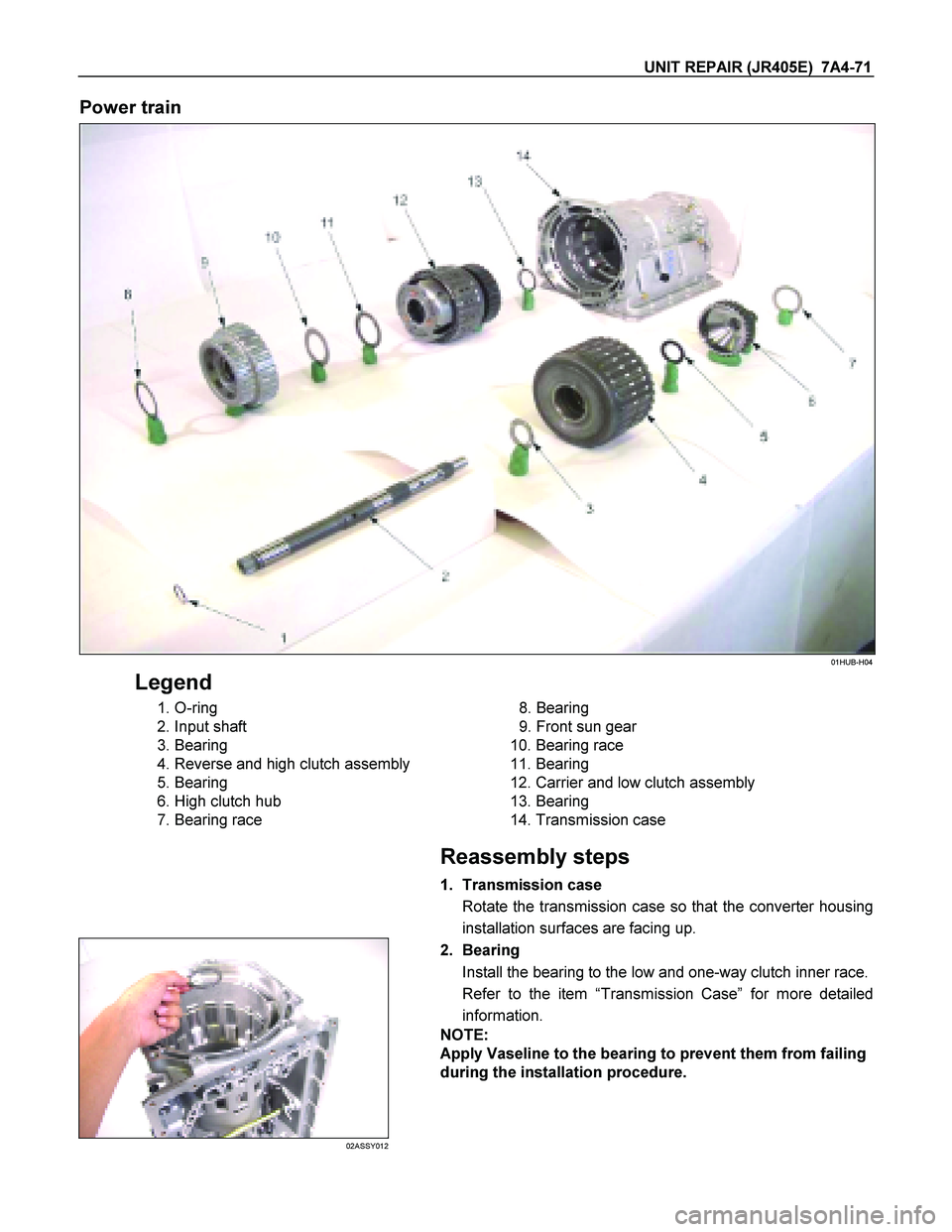 ISUZU TF SERIES 2004  Workshop Manual UNIT REPAIR (JR405E)  7A4-71 
Power train 
 01HUB-H04 
Legend 
 1. O-ring  
  2. Input shaft 
 3. Bearing 
  4. Reverse and high clutch assembly 
 5. Bearing 
  6. High clutch hub 
  7. Bearing race 
