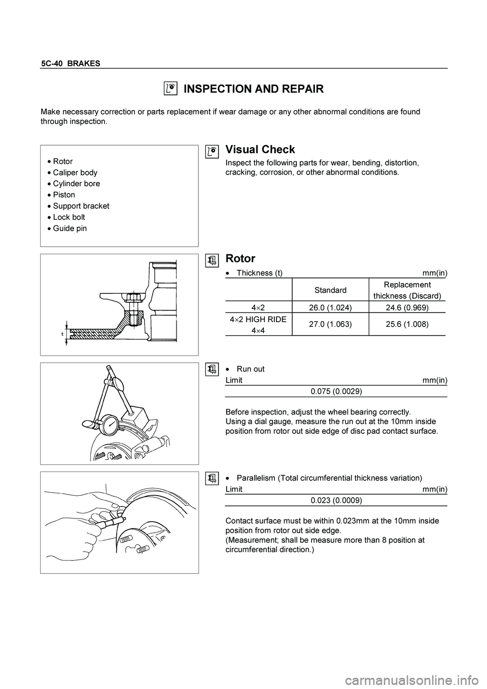 ISUZU TF SERIES 2004  Workshop Manual 5C-40  BRAKES 
  INSPECTION AND REPAIR 
 
Make necessary correction or parts replacement if wear damage or any other abnormal conditions are found 
through inspection. 
 
 
 

 Rotor 

 Caliper body