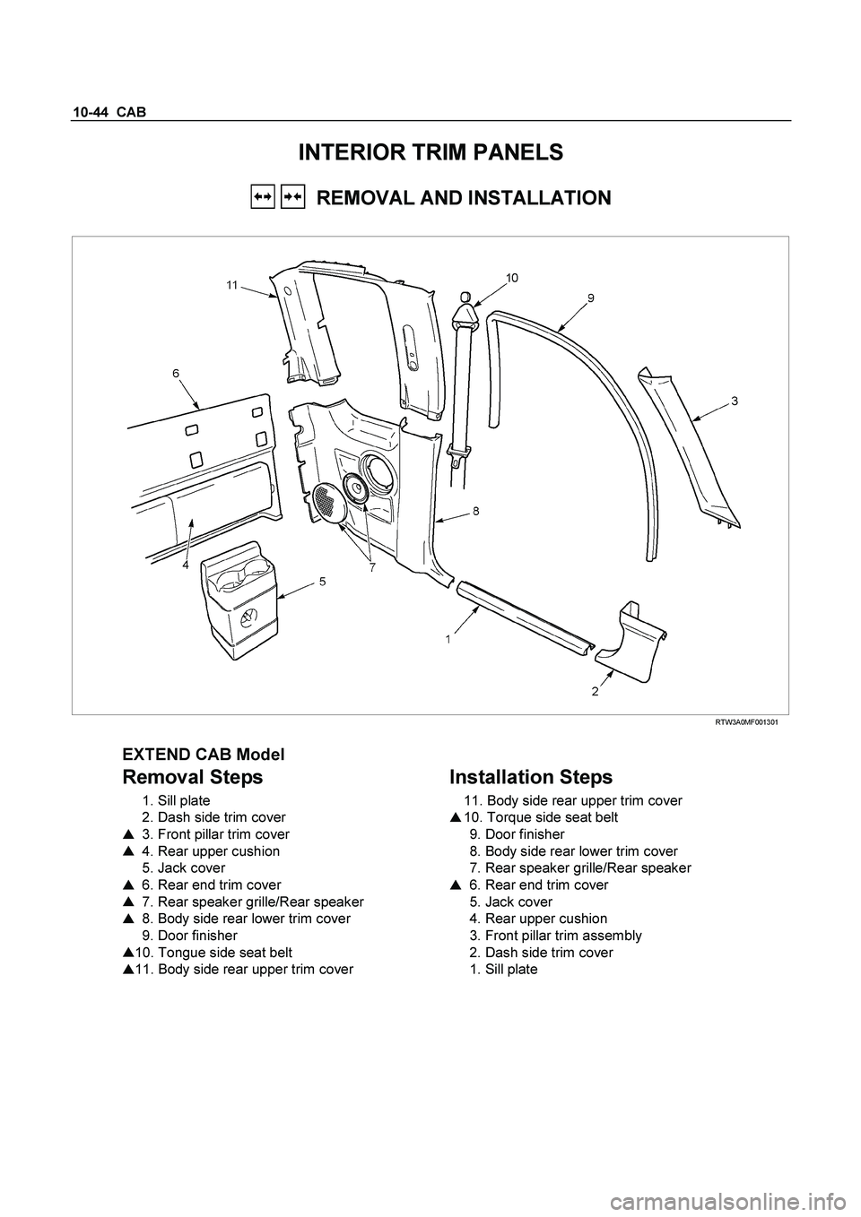 ISUZU TF SERIES 2004  Workshop Manual 10-44  CAB 
INTERIOR TRIM PANELS 
   REMOVAL AND INSTALLATION 
 
 RTW3A0MF001301 
 
EXTEND CAB Model 
Removal Steps 
 1. Sill plate  
  2. Dash side trim cover 
    3. Front pillar trim cover  
    