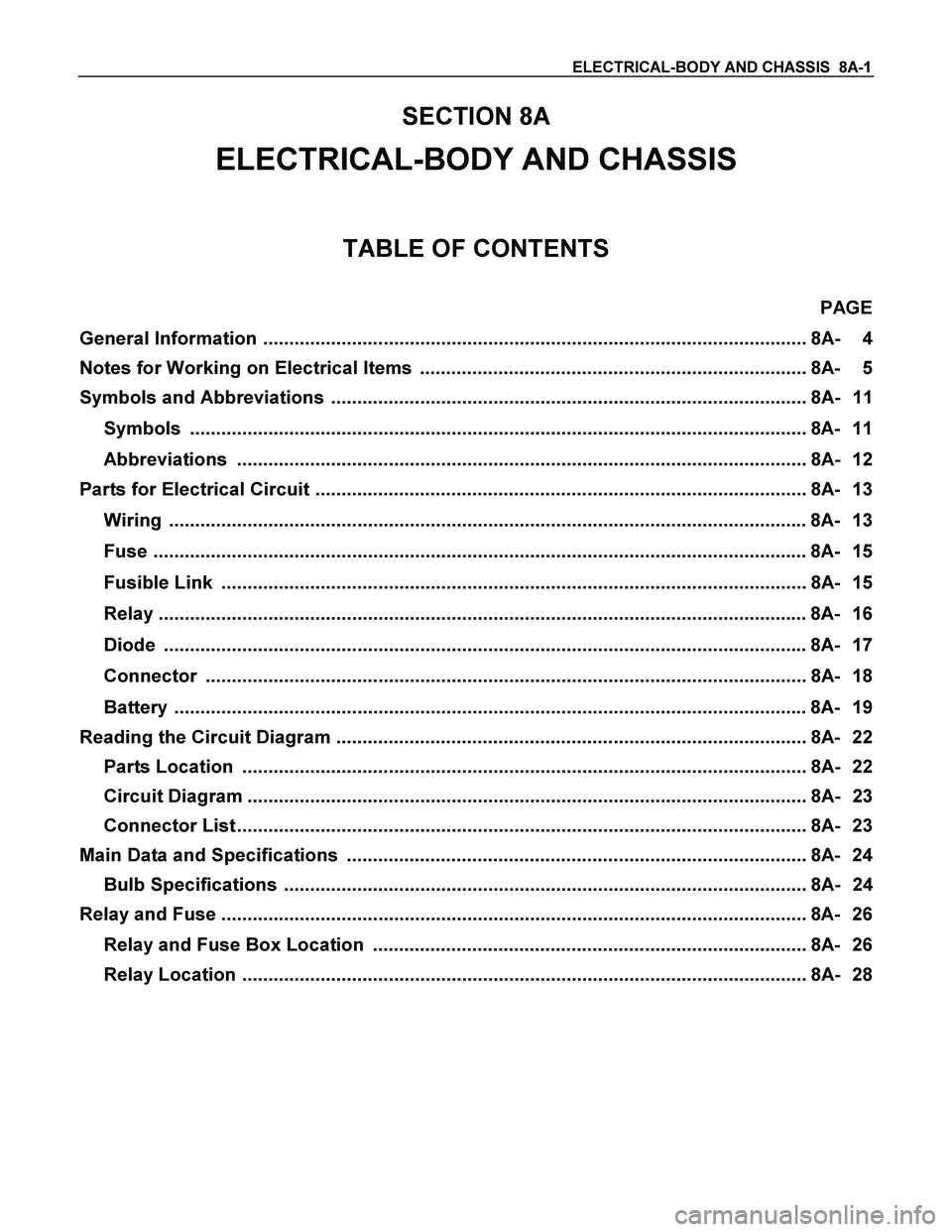 ISUZU TF SERIES 2004  Workshop Manual ELECTRICAL-BODY AND CHASSIS  8A-1 
SECTION 8A 
ELECTRICAL-BODY AND CHASSIS 
TABLE OF CONTENTS 
PAGE 
General Information ...............................................................................