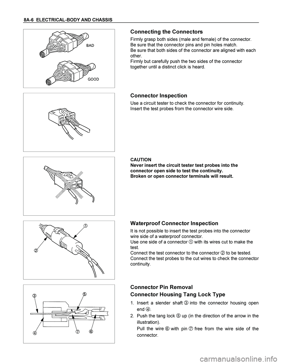 ISUZU TF SERIES 2004  Workshop Manual 8A-6  ELECTRICAL-BODY AND CHASSIS 
 
  
 Connecting the Connectors 
Firmly grasp both sides (male and female) of the connector. 
Be sure that the connector pins and pin holes match. 
Be sure that both