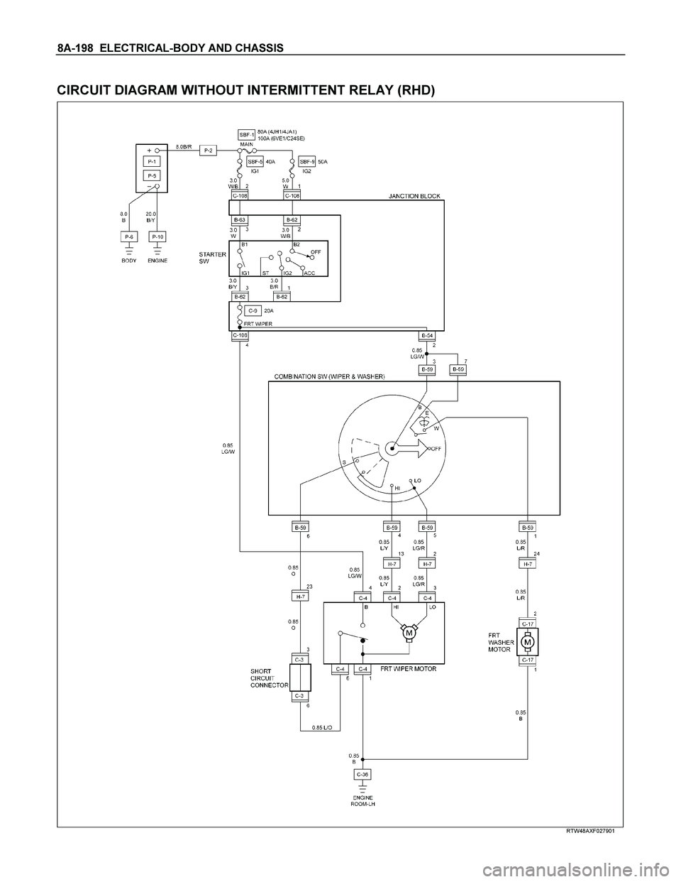 ISUZU TF SERIES 2004  Workshop Manual 8A-198  ELECTRICAL-BODY AND CHASSIS 
 
CIRCUIT DIAGRAM WITHOUT INTERMITTENT RELAY (RHD) 
  
 
 
 
RTW48AXF027901  