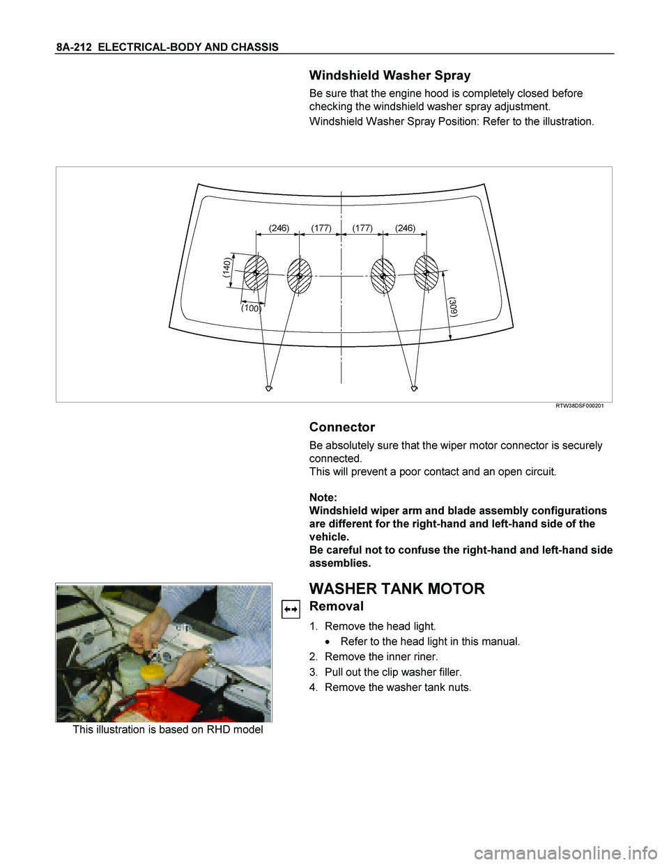 ISUZU TF SERIES 2004  Workshop Manual 8A-212  ELECTRICAL-BODY AND CHASSIS 
   Windshield Washer Spray 
Be sure that the engine hood is completely closed before 
checking the windshield washer spray adjustment. 
Windshield Washer Spray Pos