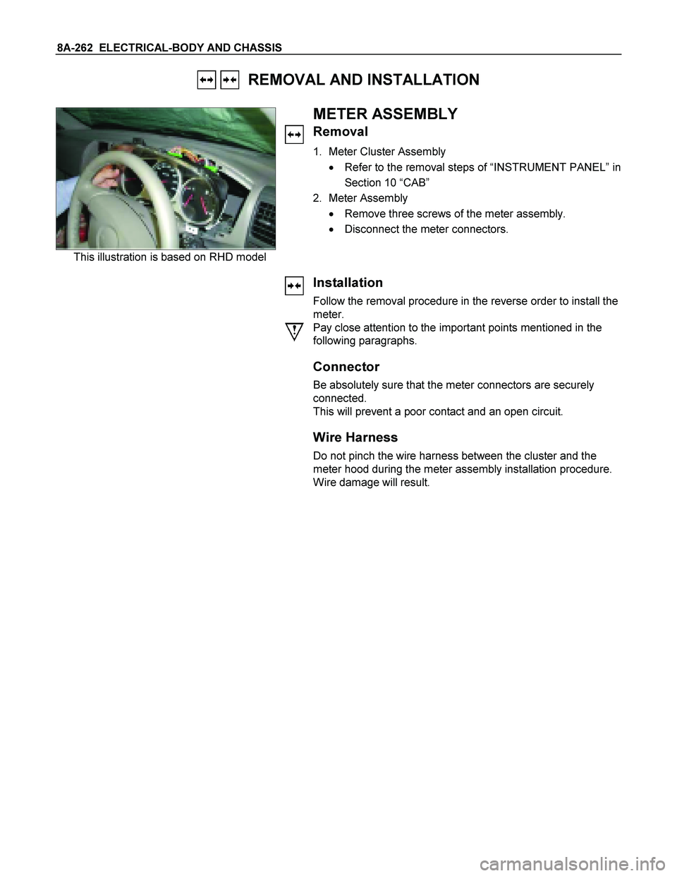 ISUZU TF SERIES 2004  Workshop Manual 8A-262  ELECTRICAL-BODY AND CHASSIS 
   REMOVAL AND INSTALLATION 
 
This illustration is based on RHD model  
METER ASSEMBLY 
Removal 
1.  Meter Cluster Assembly 
  Refer to the removal steps of “I