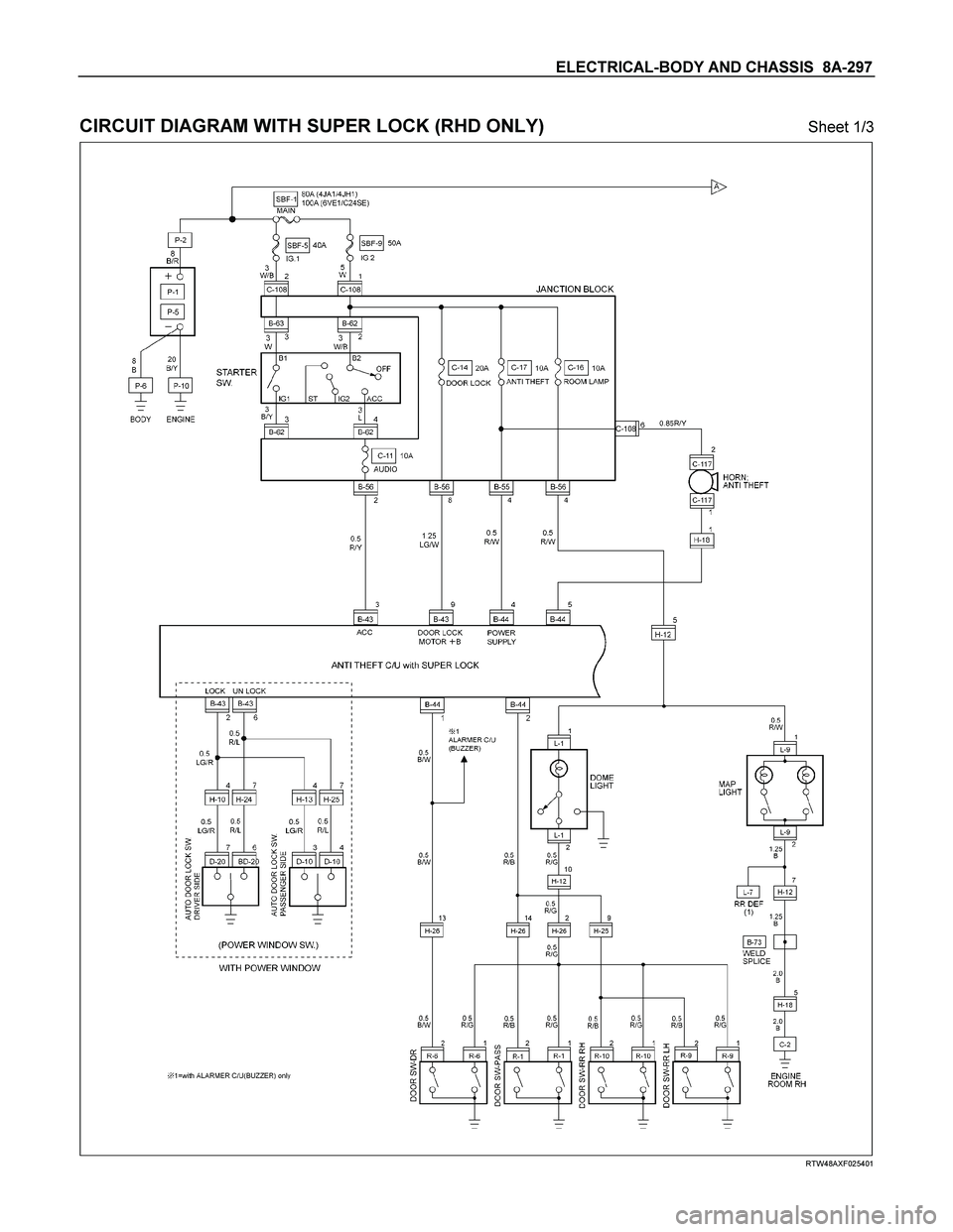 ISUZU TF SERIES 2004  Workshop Manual ELECTRICAL-BODY AND CHASSIS  8A-297 
 
CIRCUIT DIAGRAM WITH SUPER LOCK (RHD ONLY) Sheet 1/3 
  
 
 
 
RTW48AXF025401  