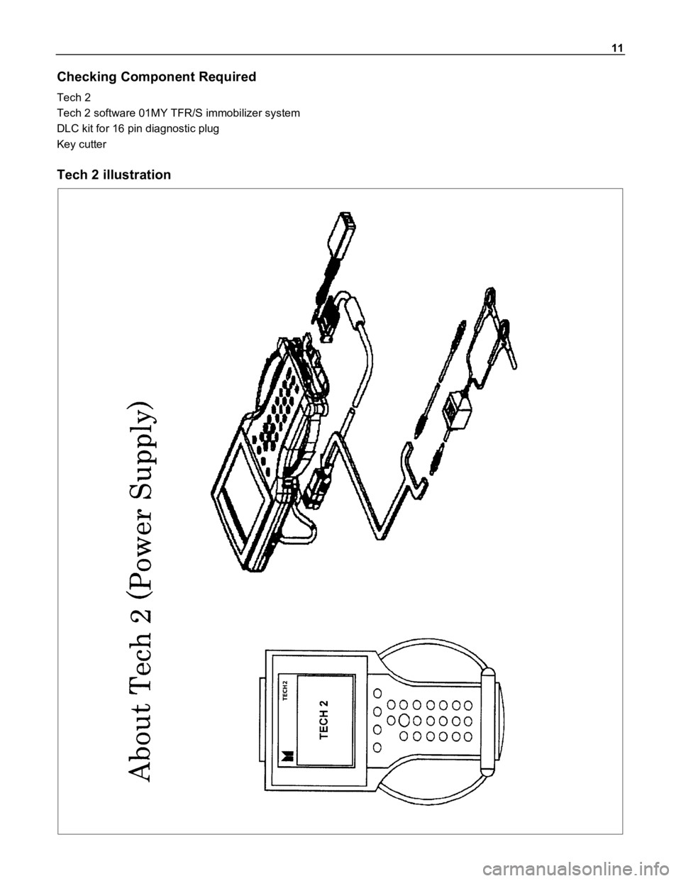 ISUZU TFR SERIES 1997  Workshop Manual 11
Checking Component Required
Tech 2
Tech 2 software 01MY TFR/S immobilizer system
DLC kit for 16 pin diagnostic plug
Key cutter
Tech 2 illustration 