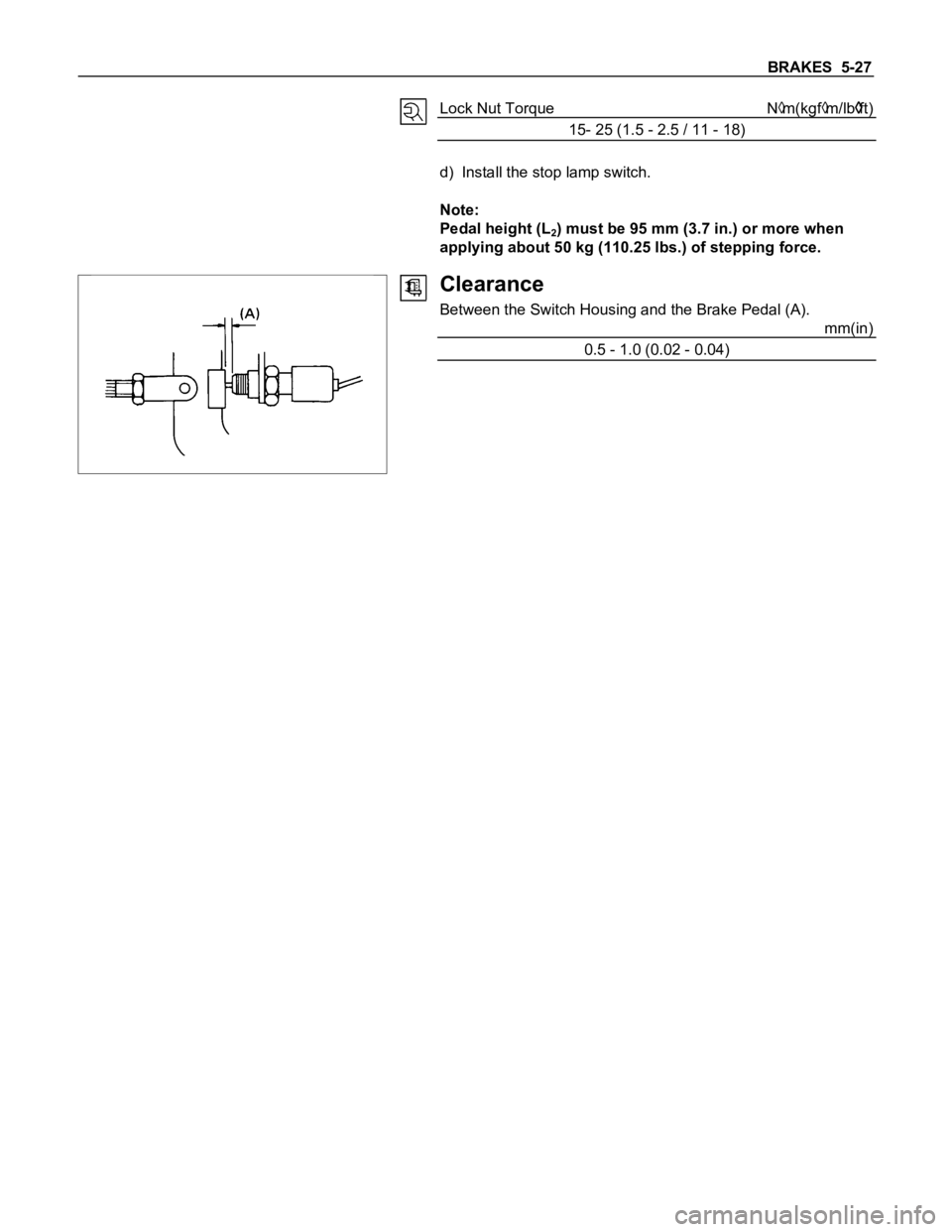 ISUZU TFS SERIES 1997  Workshop Manual BRAKES  5-27
Lock Nut Torque Nm(kgfm/lbft)
15- 25 (1.5 - 2.5 / 11 - 18)
d) Install the stop lamp switch.
Note:
Pedal height (L
2) must be 95 mm (3.7 in.) or more when
applying about 50 kg (110.25 lbs.