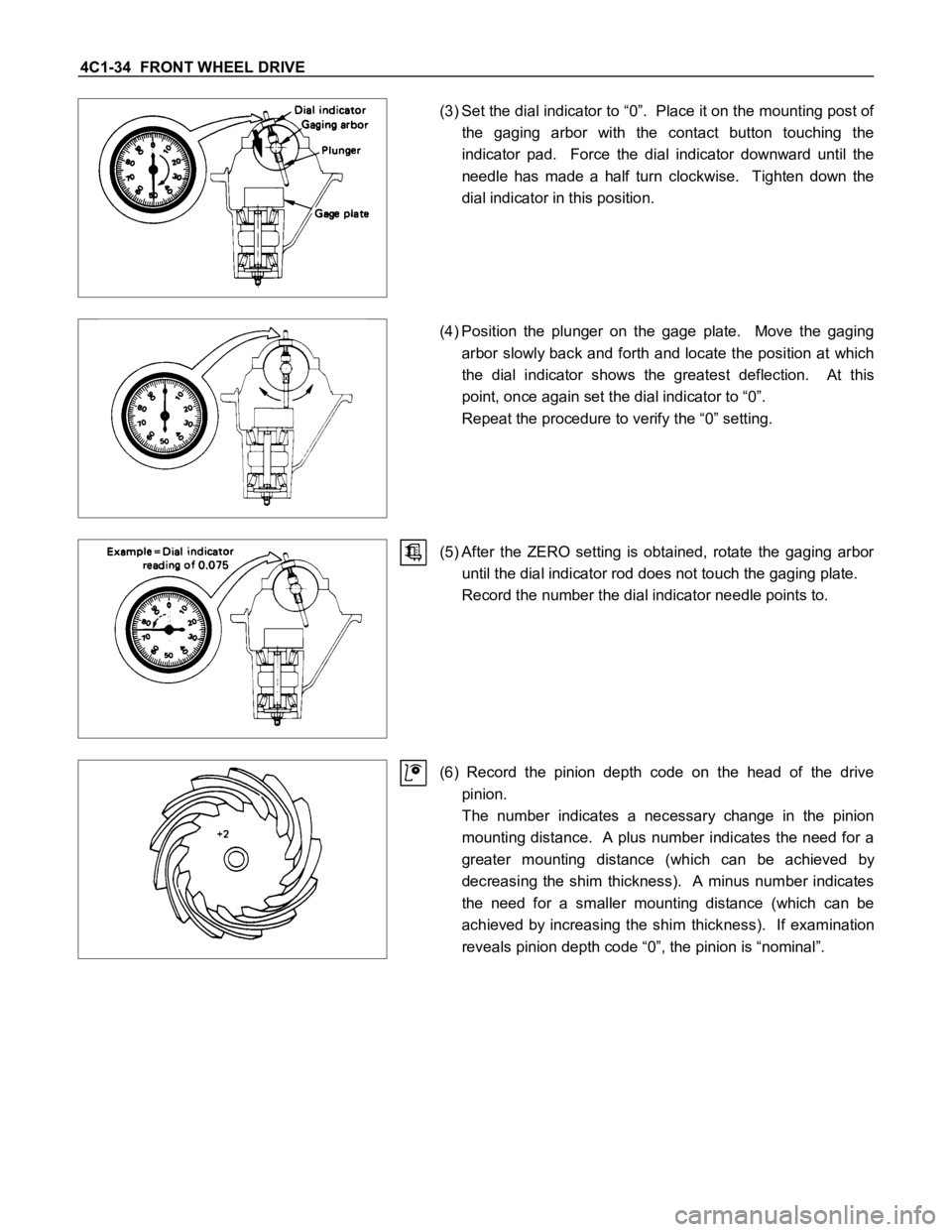 ISUZU TFS SERIES 1997 Workshop Manual 4C1-34 FRONT WHEEL DRIVE
(3) Set the dial indicator to “0”. Place it on the mounting post of
the gaging arbor with the contact button touching the
indicator pad. Force the dial in ISUZU TFS SERIES 1997 Workshop Manual 4C1-34 FRONT WHEEL DRIVE
(3) Set the dial indicator to “0”. Place it on the mounting post of
the gaging arbor with the contact button touching the
indicator pad. Force the dial in