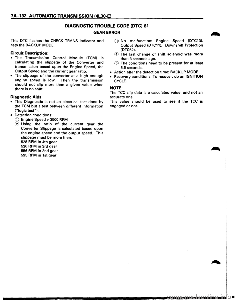 ISUZU TROOPER 1995  Workshop Manual 7A-132 AUTOMATIC TRANSMISSION (4L30-E) 
DIAGNOSTIC TROUBLE CODE (DTC) 61 
GEAR ERROR 
This DTC flashes the CHECK TRANS indicator and 
sets the BACKUP  MODE. 
Circuit Description: 
• The Transmission