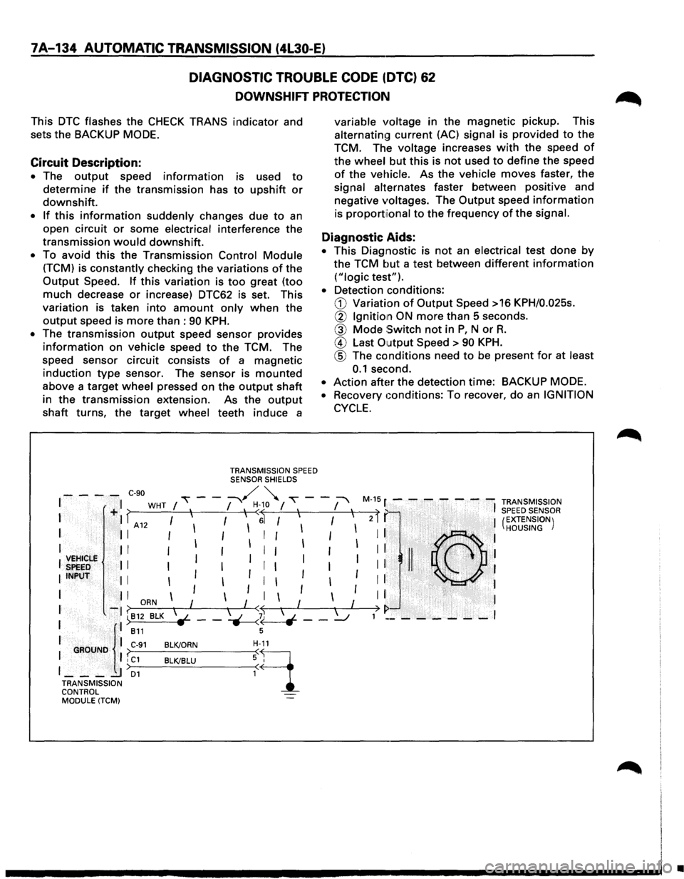 ISUZU TROOPER 1995  Workshop Manual 7A-134 AUTOMATIC TRANSMISSION (4L30-E) 
DIAGNOSTIC TROUBLE CODE (DTC) 62 
DOWNSHIFT PROTECTION 
This DTC flashes the CHECK TRANS  indicator  and 
sets the 
BACKUP  MODE. 
Circuit Description: 
• The